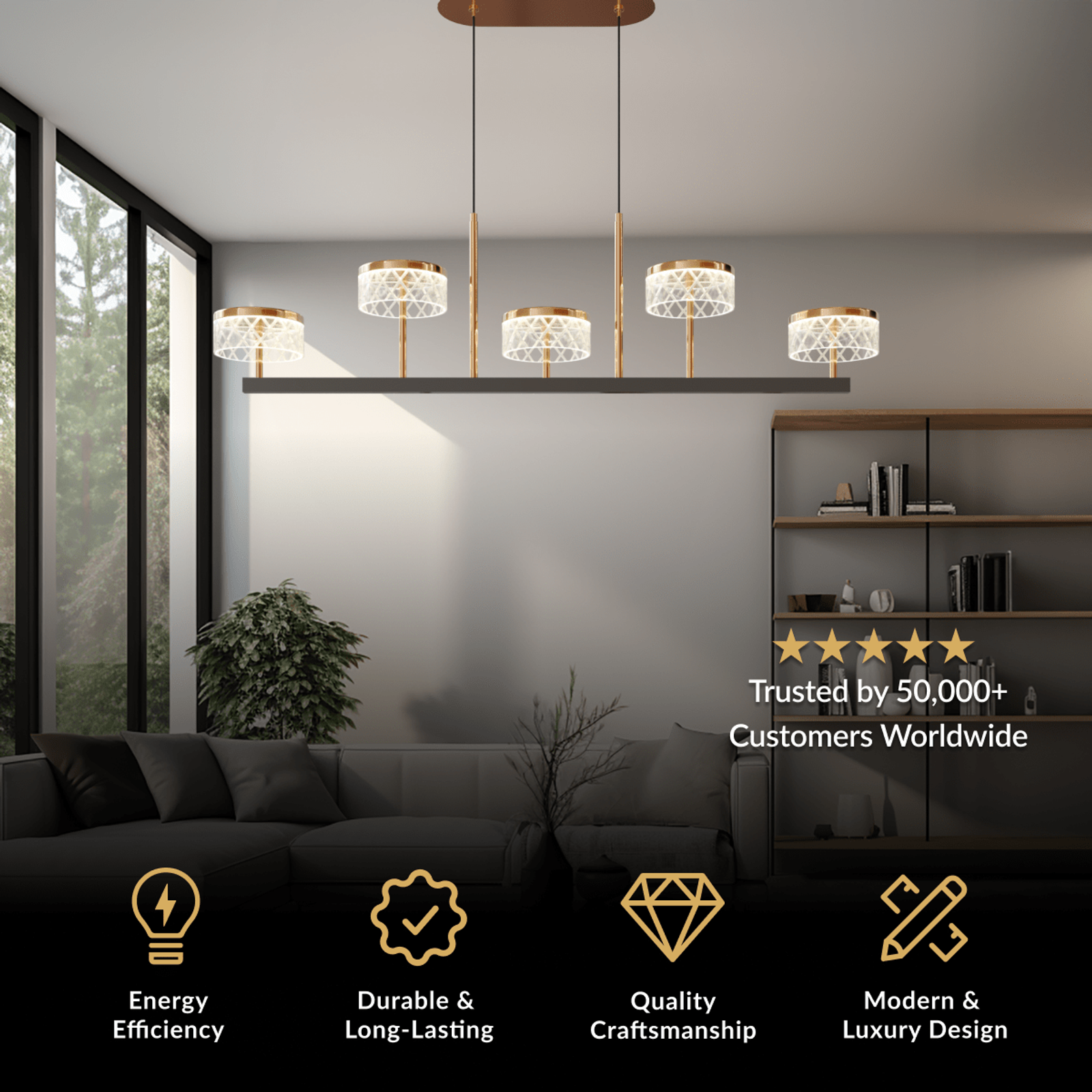 Emma Pendant, linear row of crystal-drum shades on a gold rail, lit over a gray living room sofa