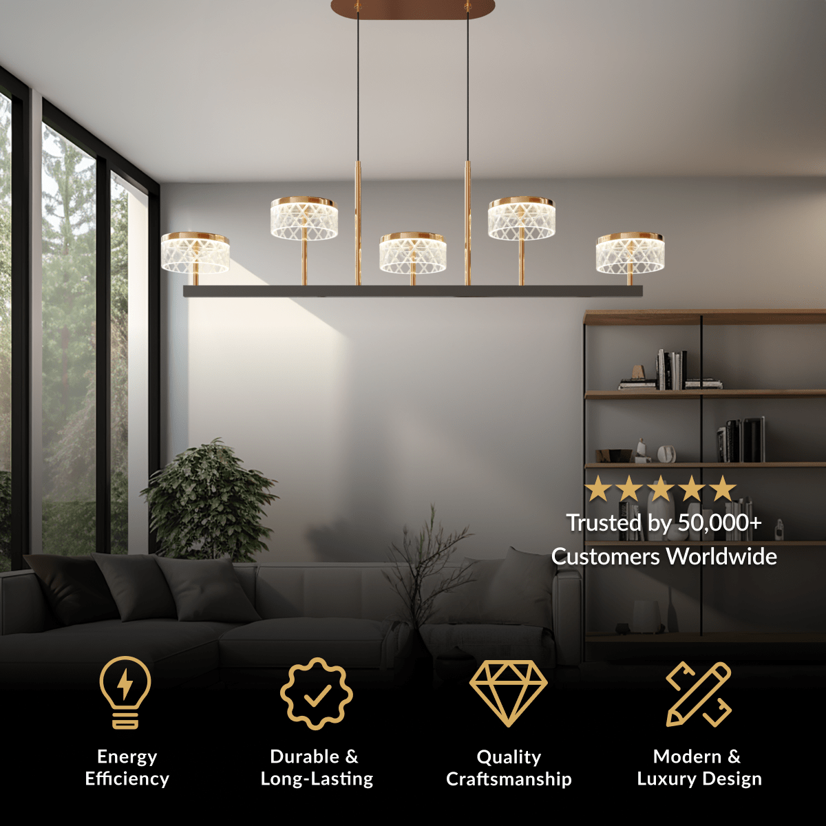 Emma Pendant, linear row of crystal-drum shades on a gold rail, lit over a gray living room sofa