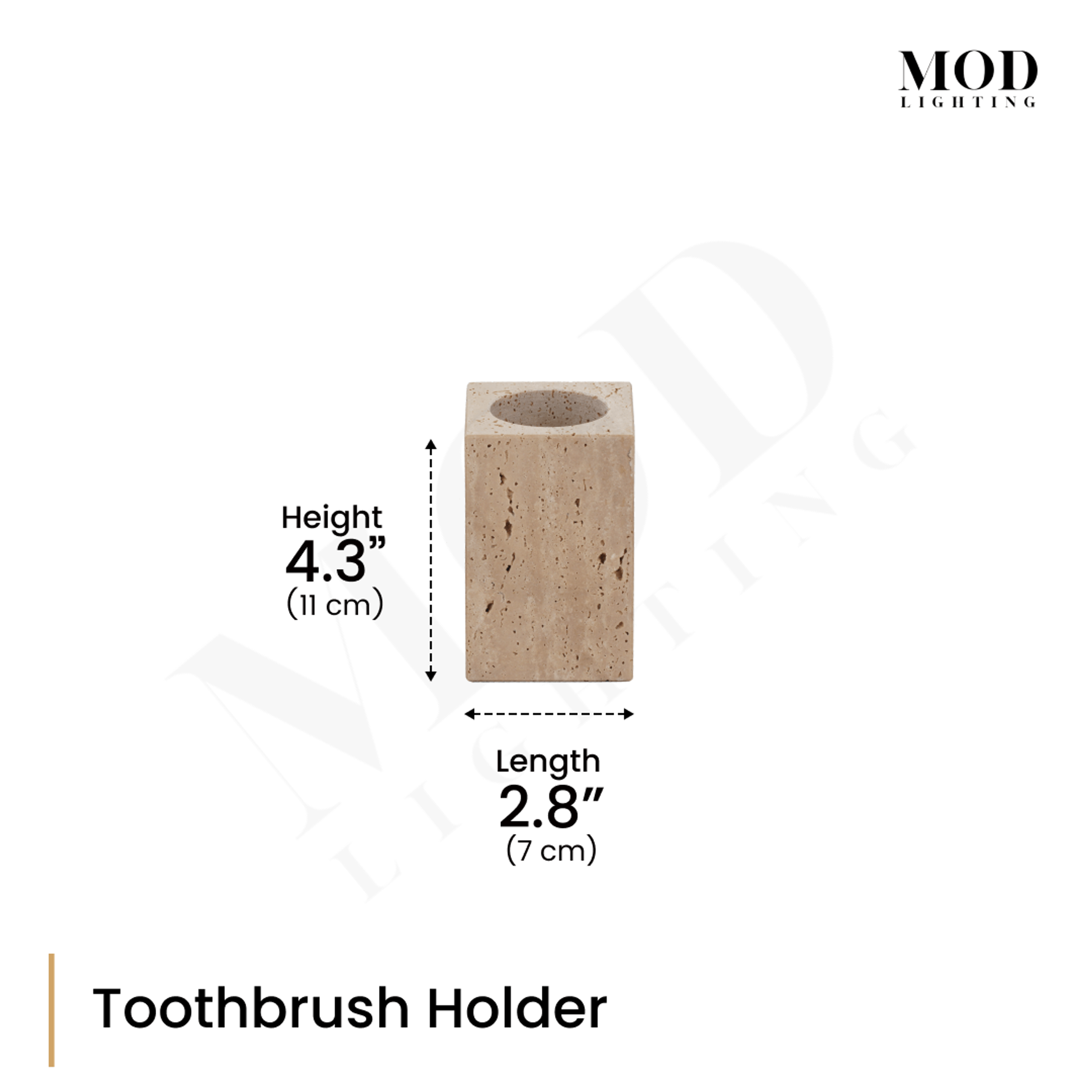 Golden Travertine toothbrush holder, square open cup, dimension diagram: 4.3" (11 cm) height, 2.8" (7 cm) length