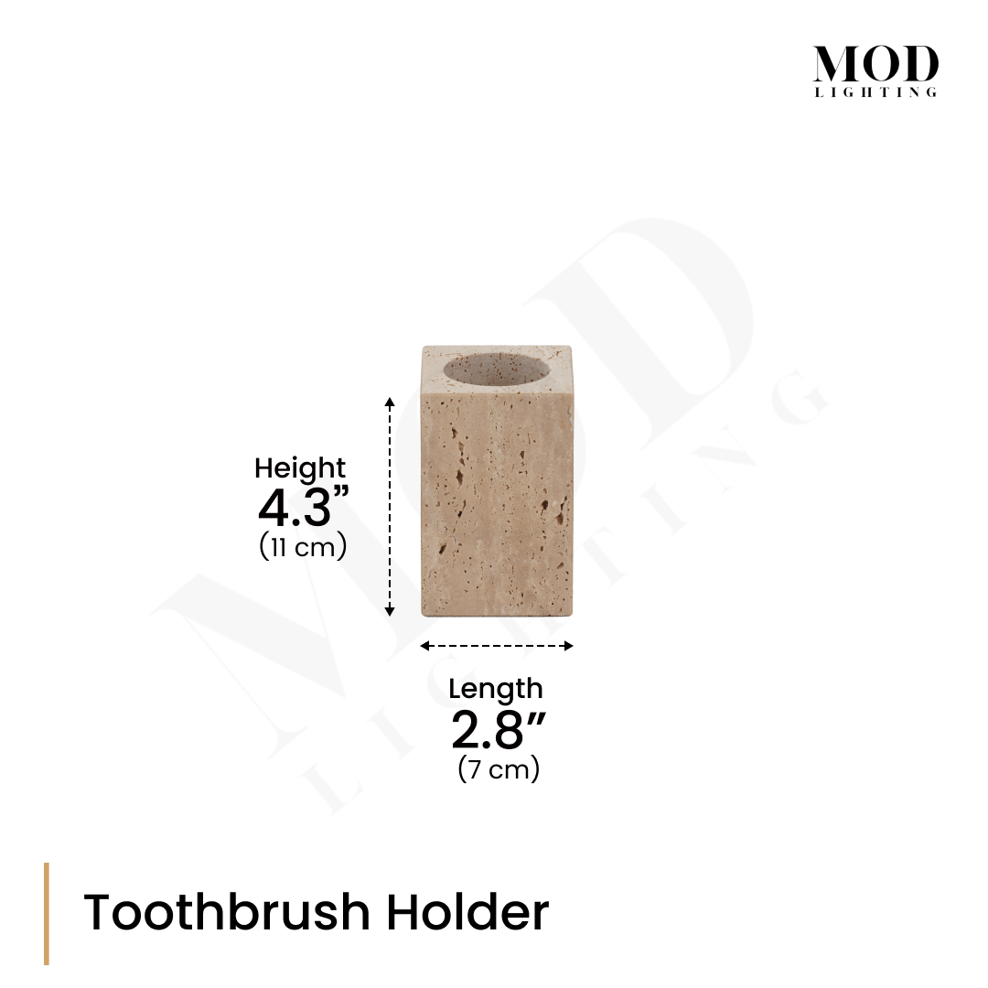 Golden Travertine toothbrush holder, square open cup, dimension diagram: 4.3" (11 cm) height, 2.8" (7 cm) length