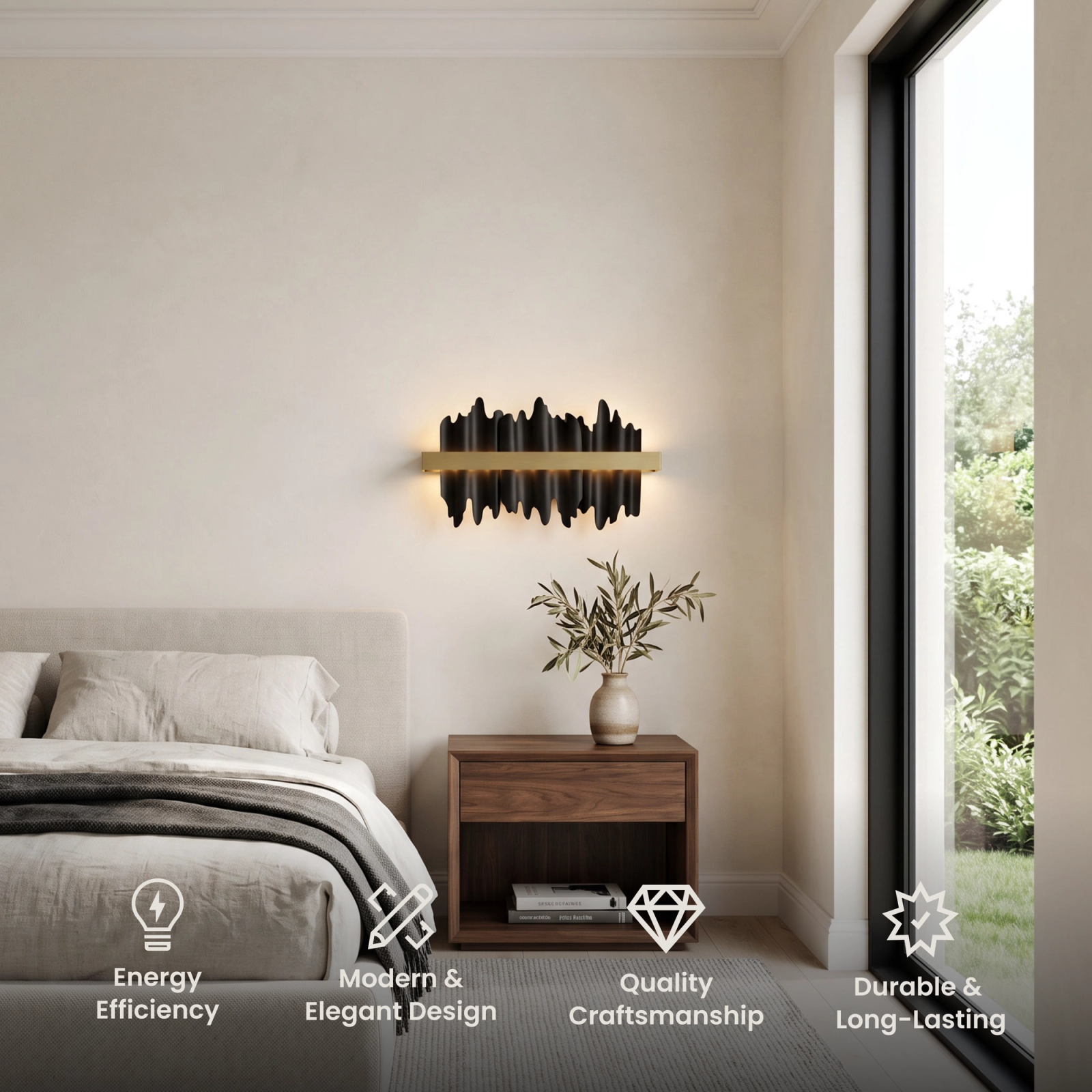 Aurelius gold and black crystal wall sconce mounted above a sofa in a neutral living room