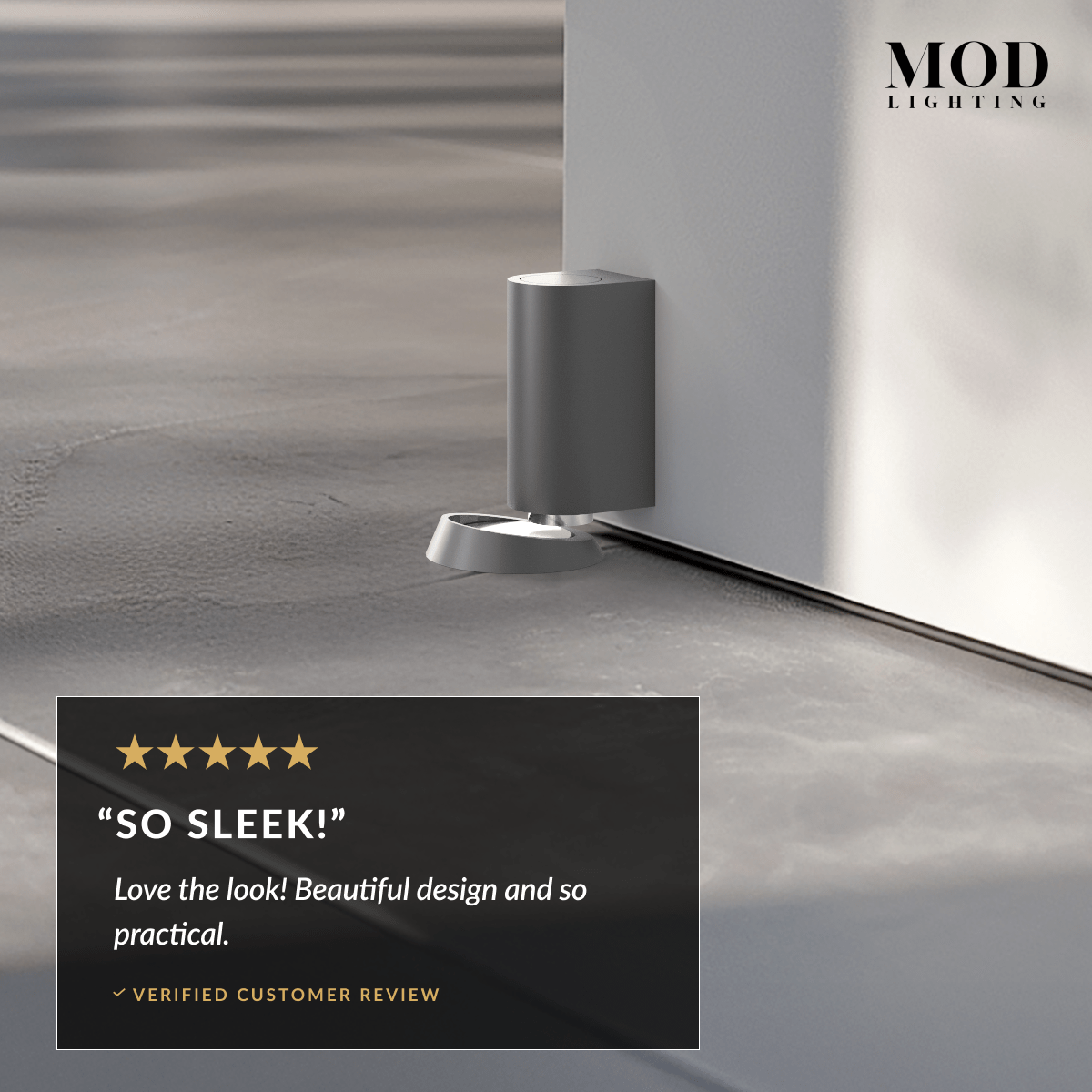 Cavo matte grey cylindrical door stop holding a door, with five-star customer review