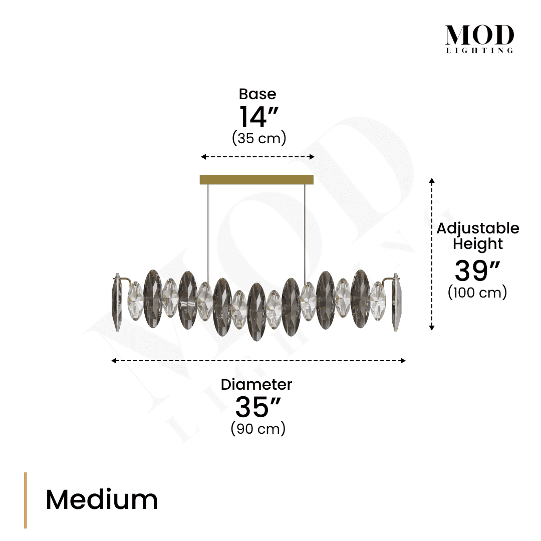 Celestial crystal chandelier dimension diagram, medium: 35in diameter, 14in base, 39in height