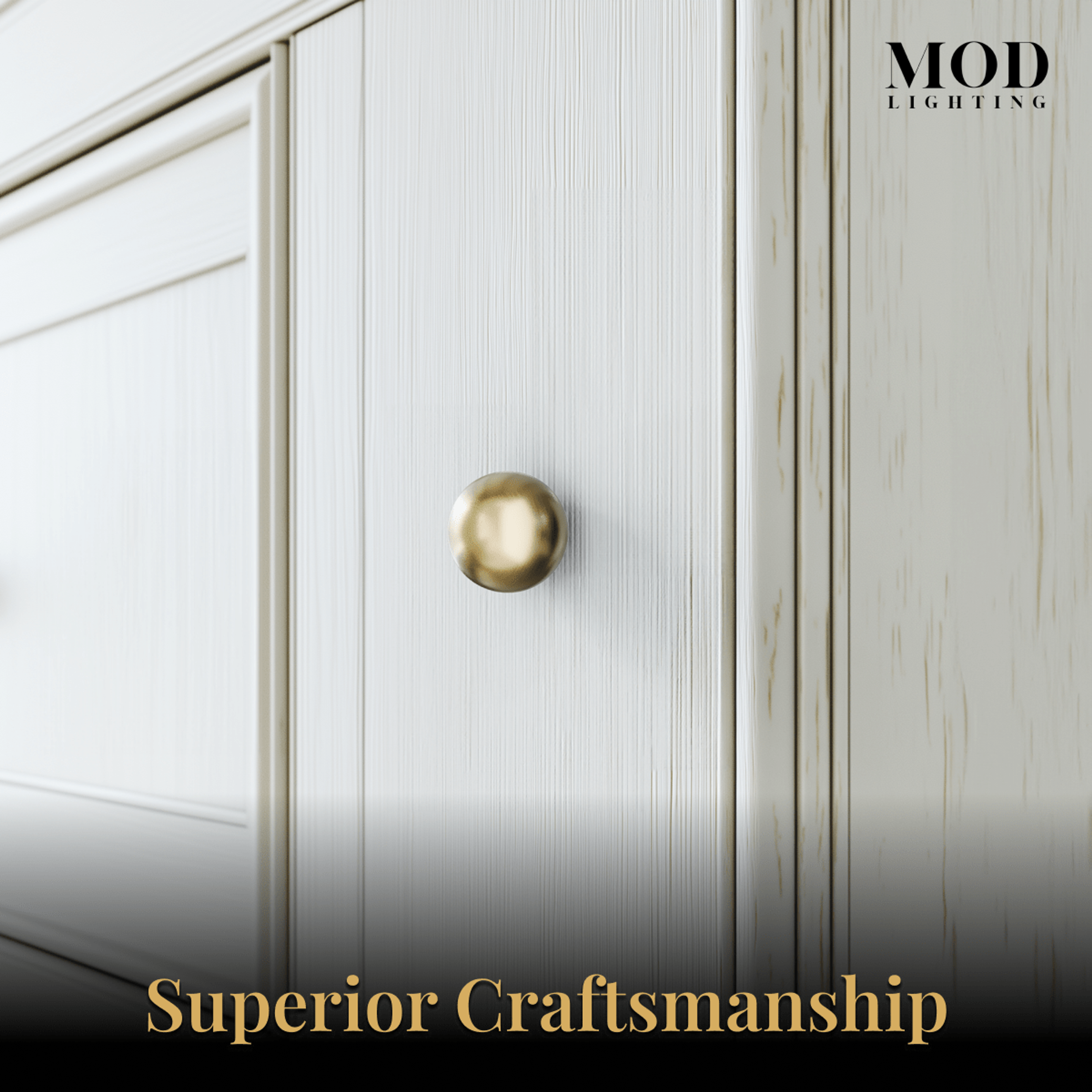 Rochelle brushed-gold spherical cabinet knobs on a cream four-drawer dresser in a warm styled bedroom