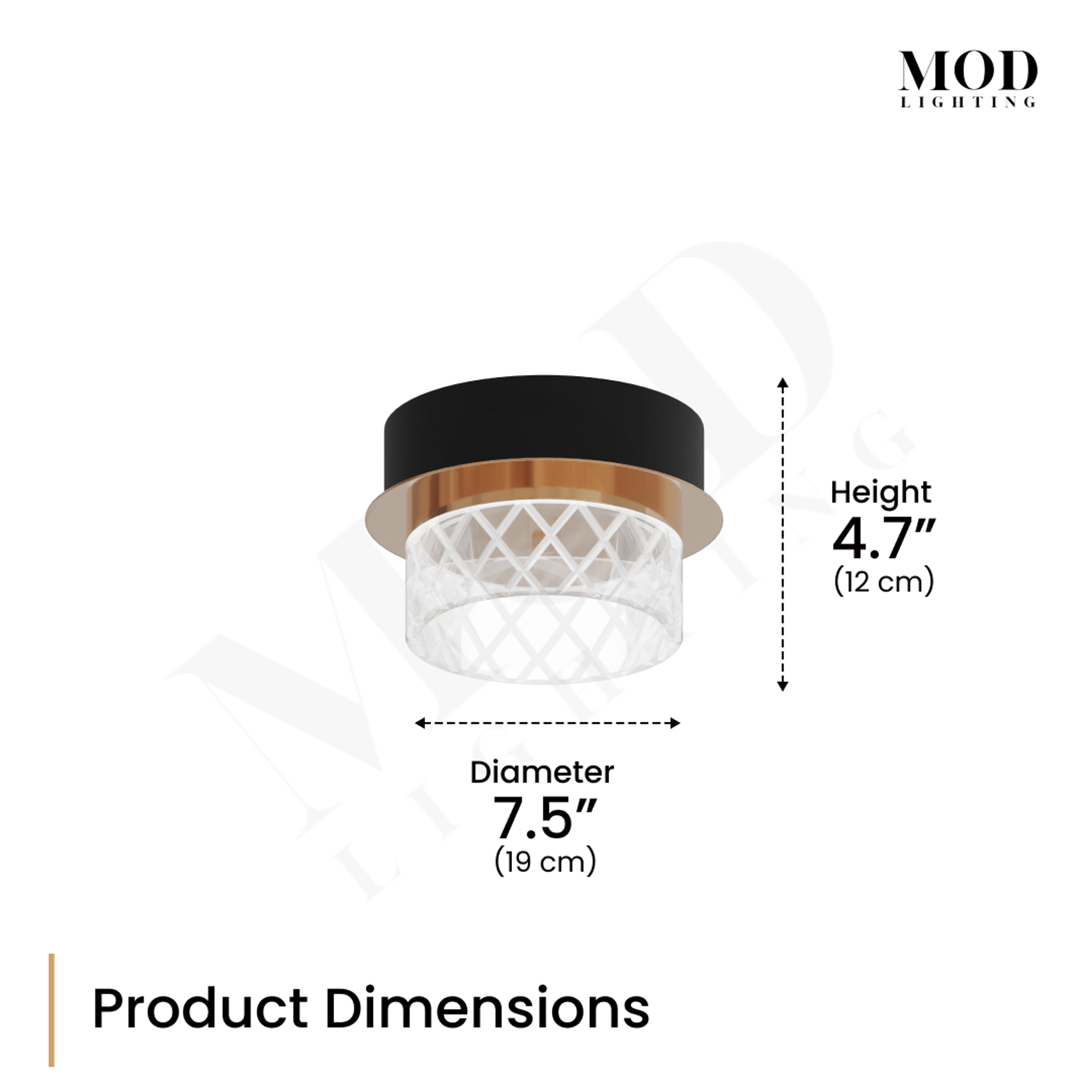 Emma sconce dimension diagram: black and gold crystal drum, 7.5-inch diameter, 4.7-inch height
