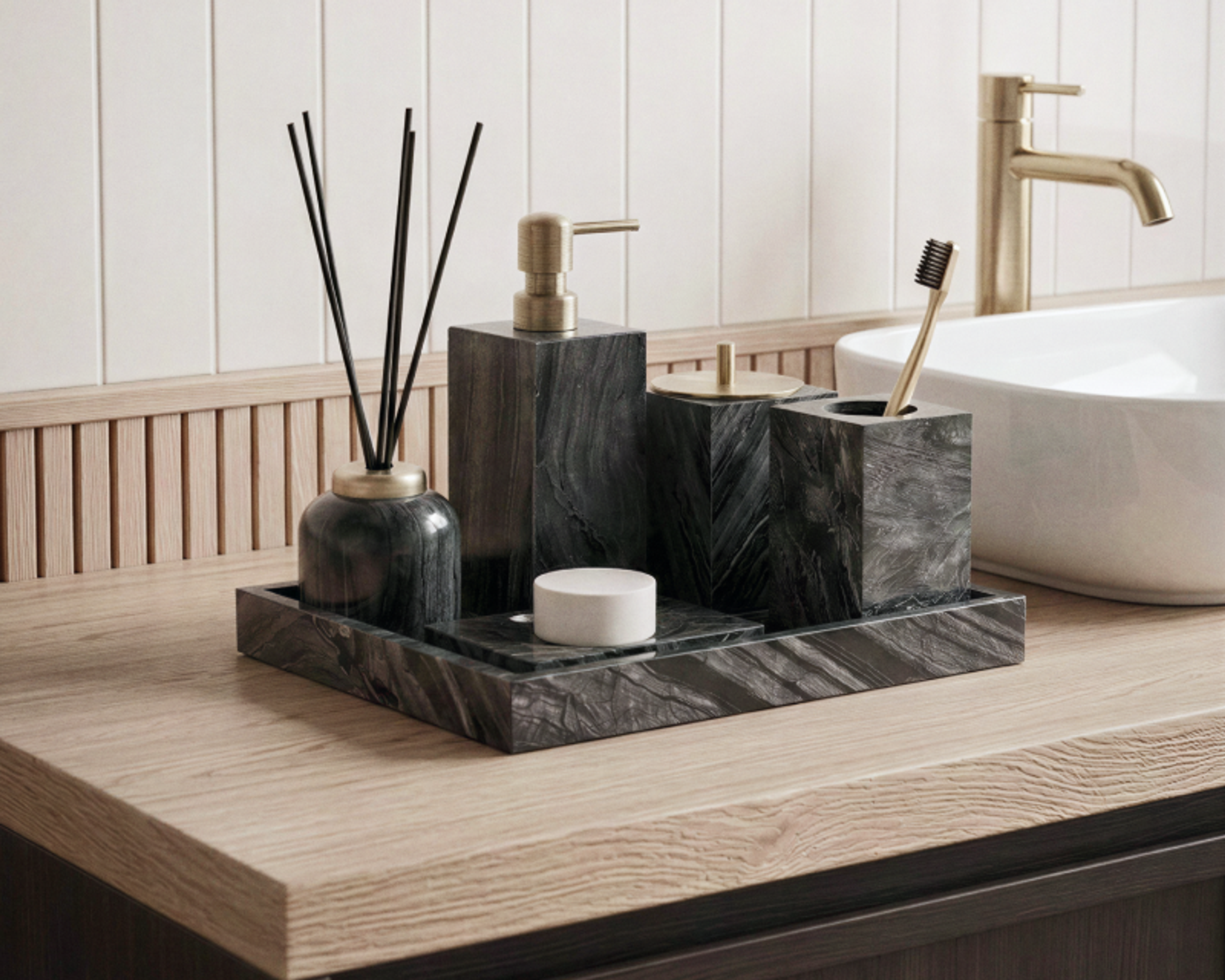 Jazz White Marble bath set on a bathroom counter