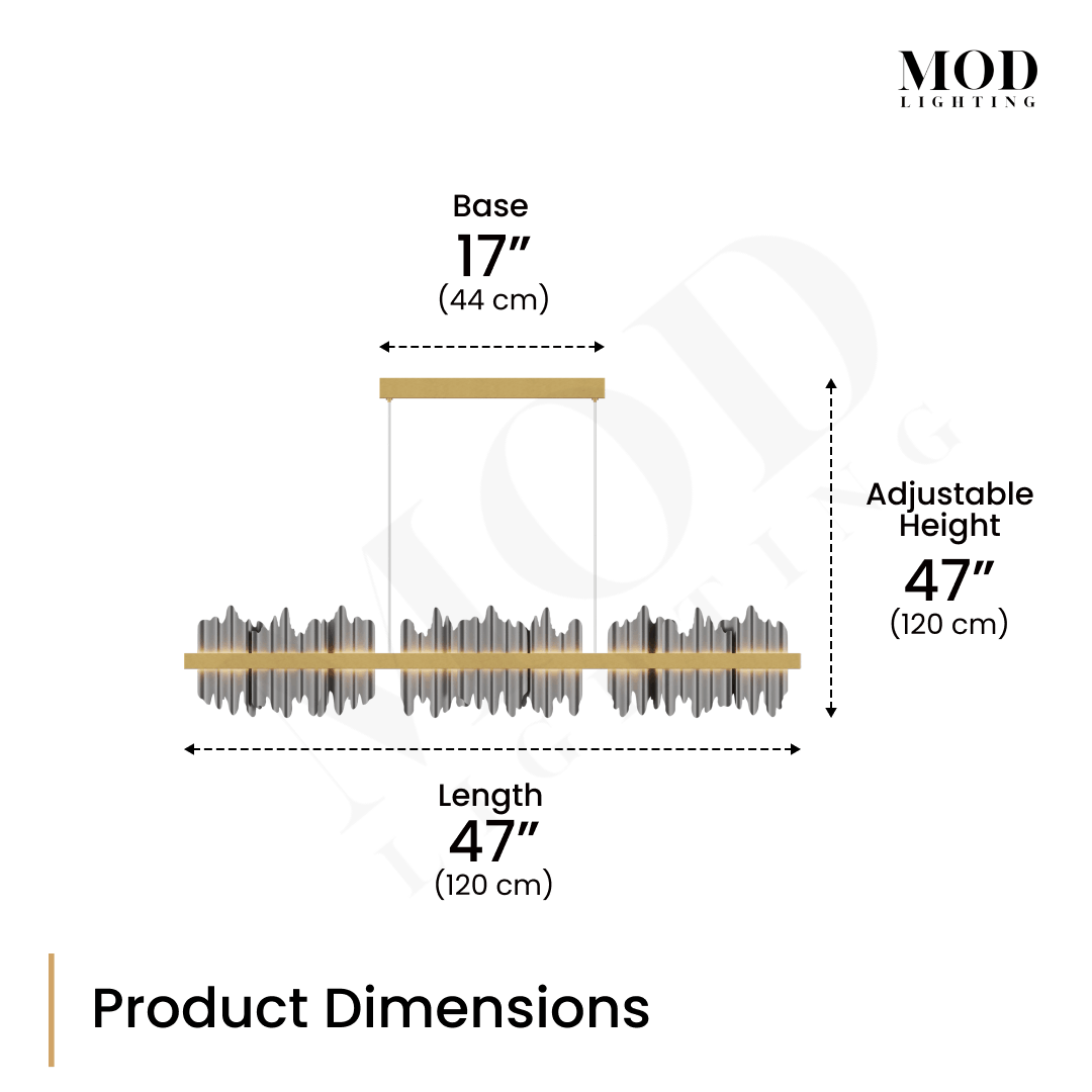 Aurelius Pendant dimension diagram, 17in base, 47in length and 47in adjustable height