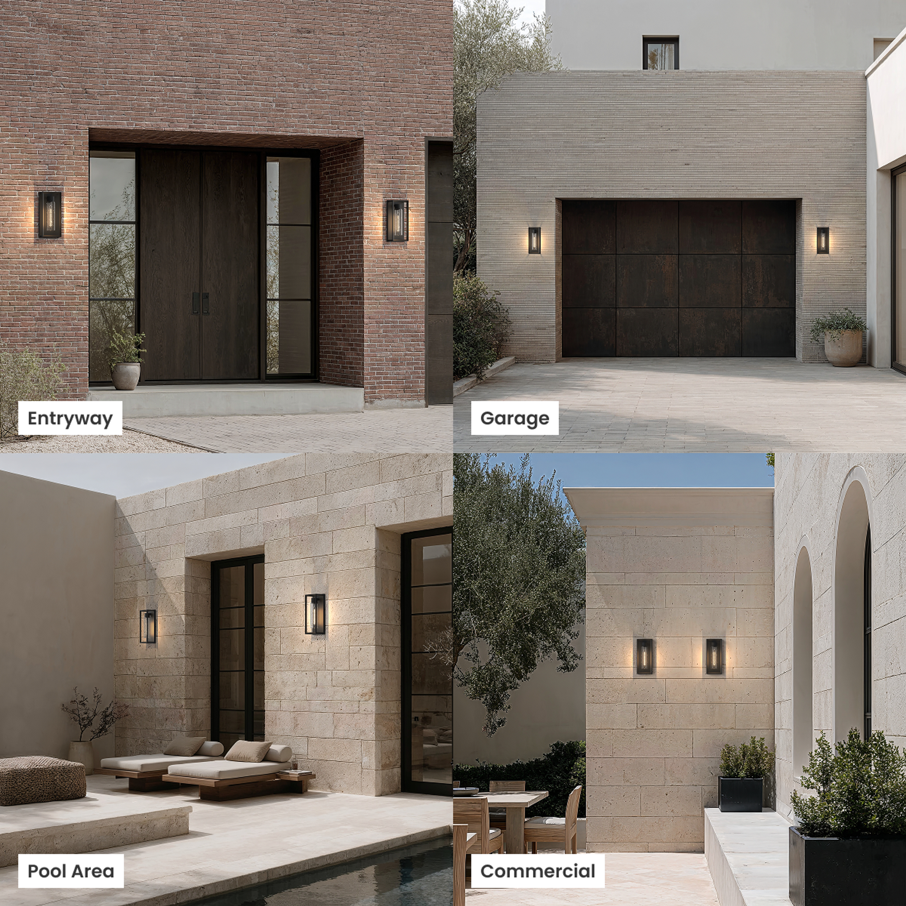 Lux black outdoor sconce, rectangular frame with textured glass, on entryway, garage and patio walls