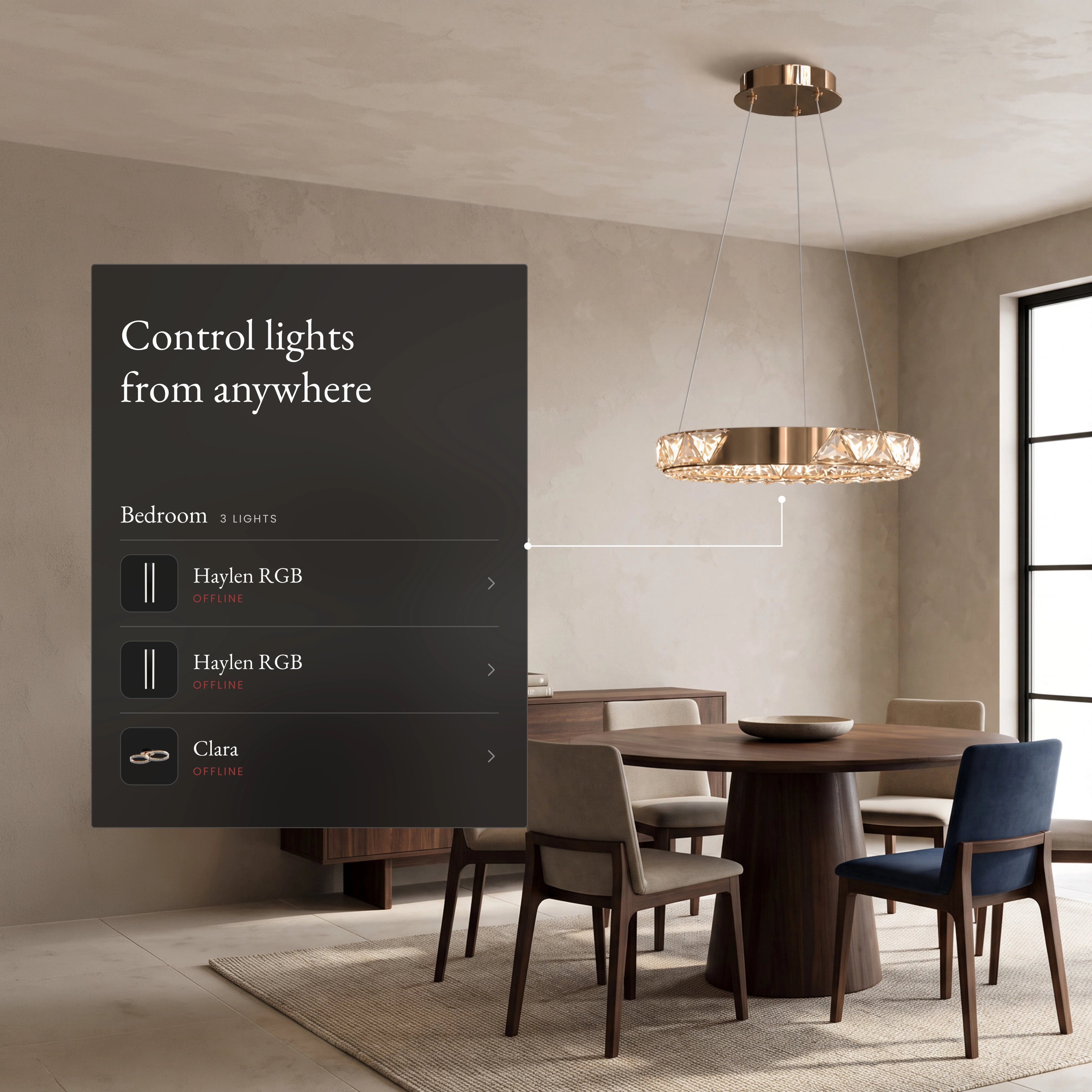 Jana Smart crystal ring chandelier over a dining table beside an app panel controlling lights from anywhere