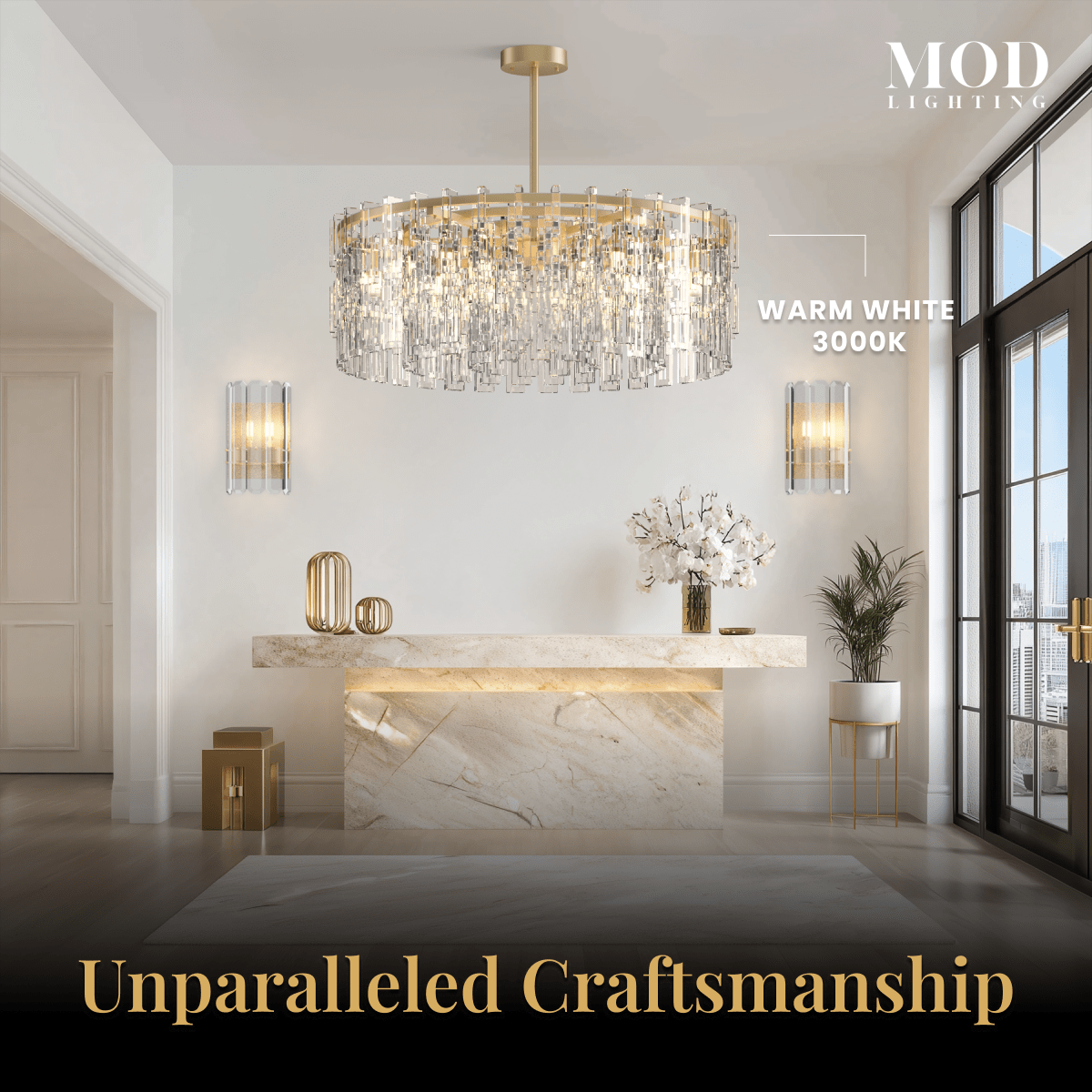 Radiance brushed-gold drum chandelier with layered clear crystal rods over a marble console, warm-white glow