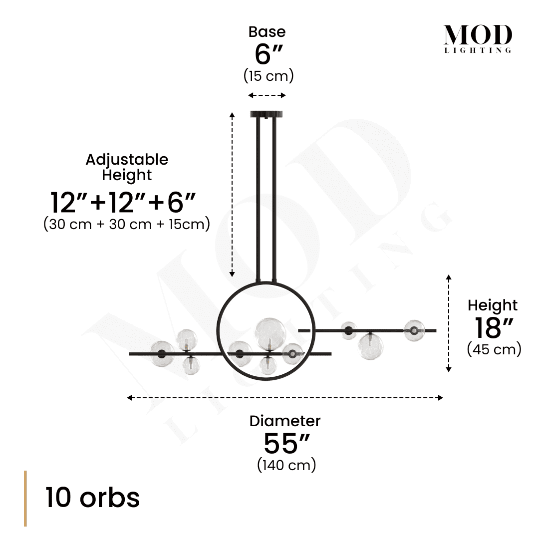 Hailey chandelier dimension diagram, 10 orbs on twin arms, 55" diameter, 18" height, adjustable drop