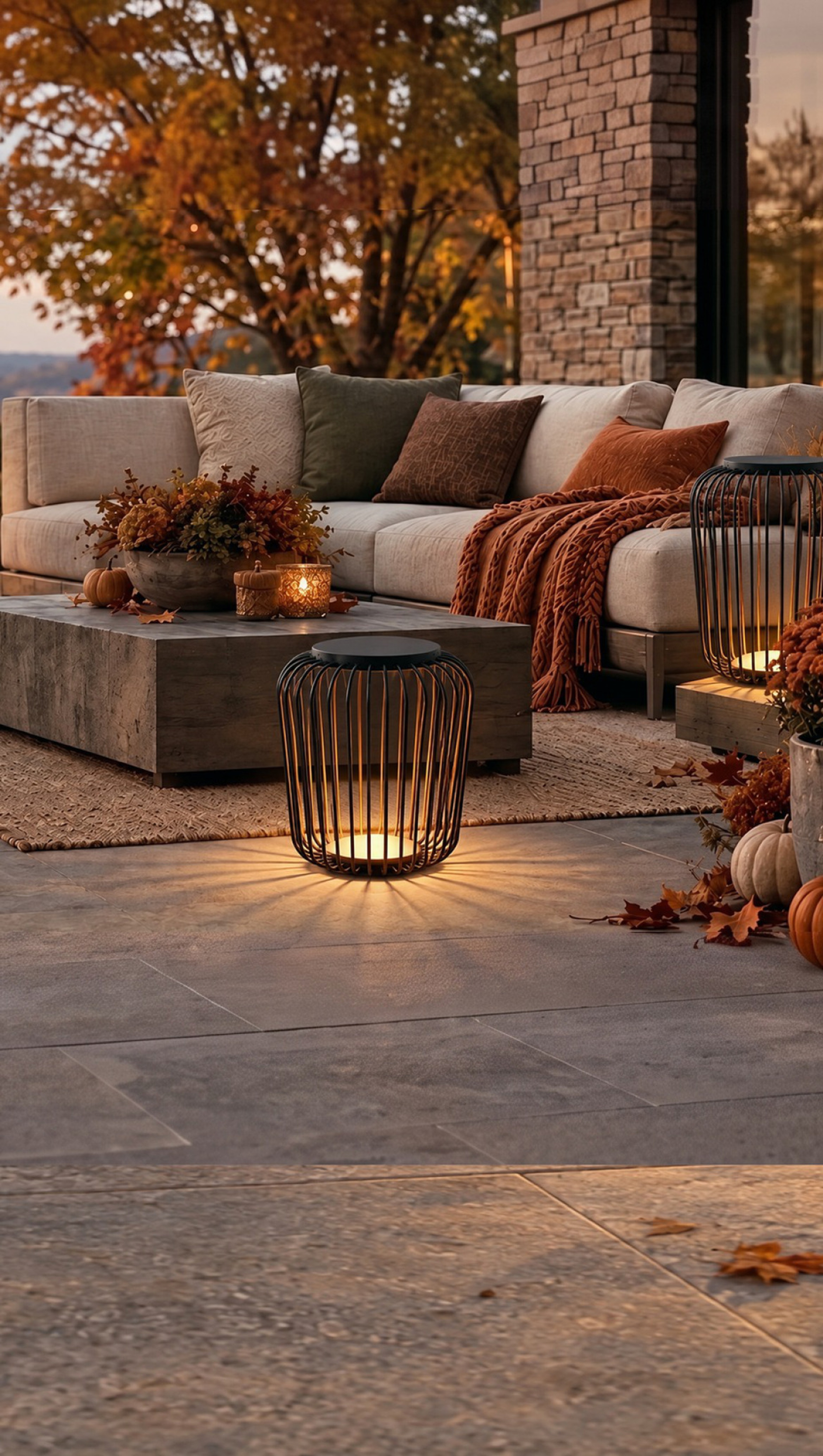 MOD LIGHTING Flash Sale, 25% off sitewide with code FLASH2026: outdoor floor lanterns glowing on an autumn terrace at dusk