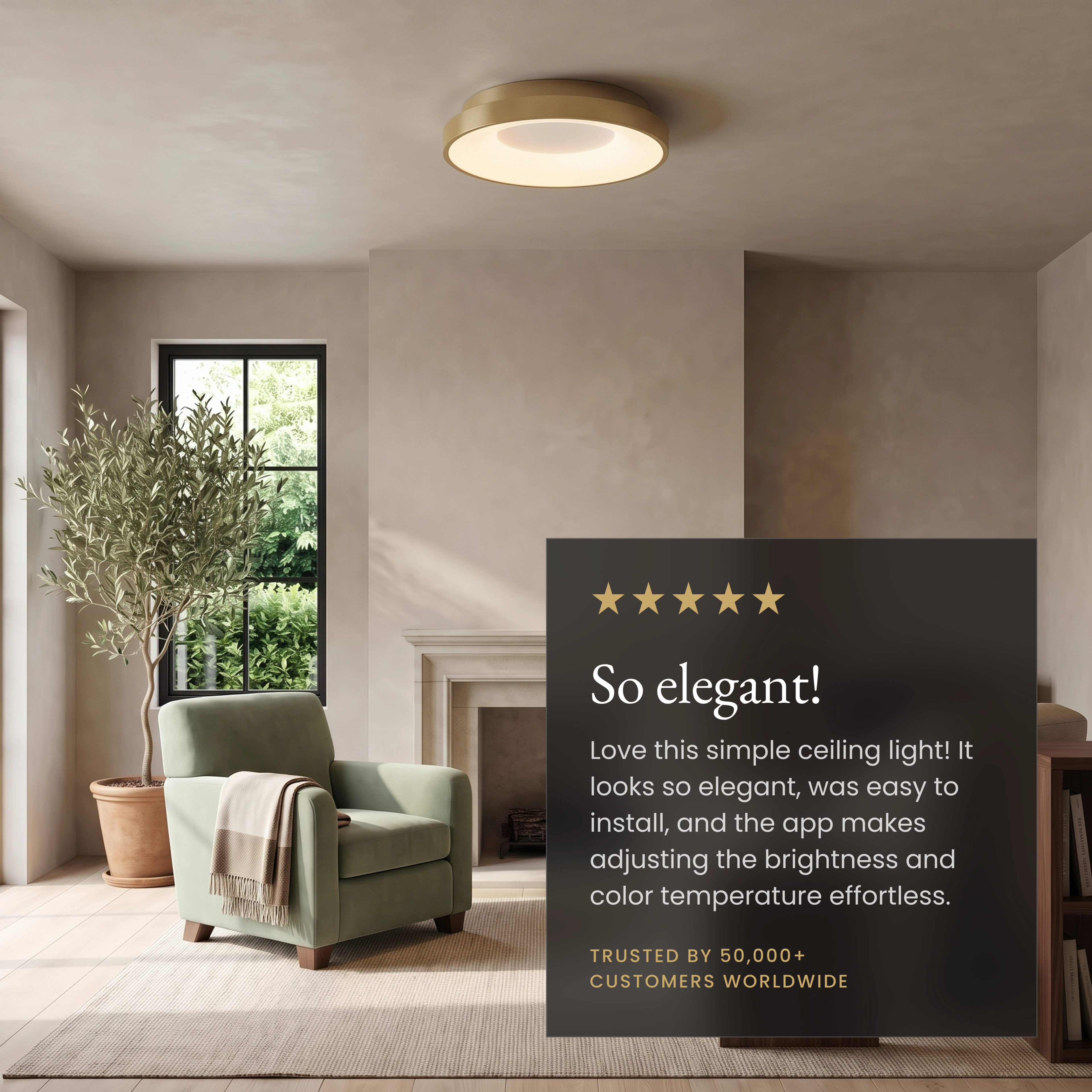 Bryce Smart gold flush mount in a living room with a five-star customer review