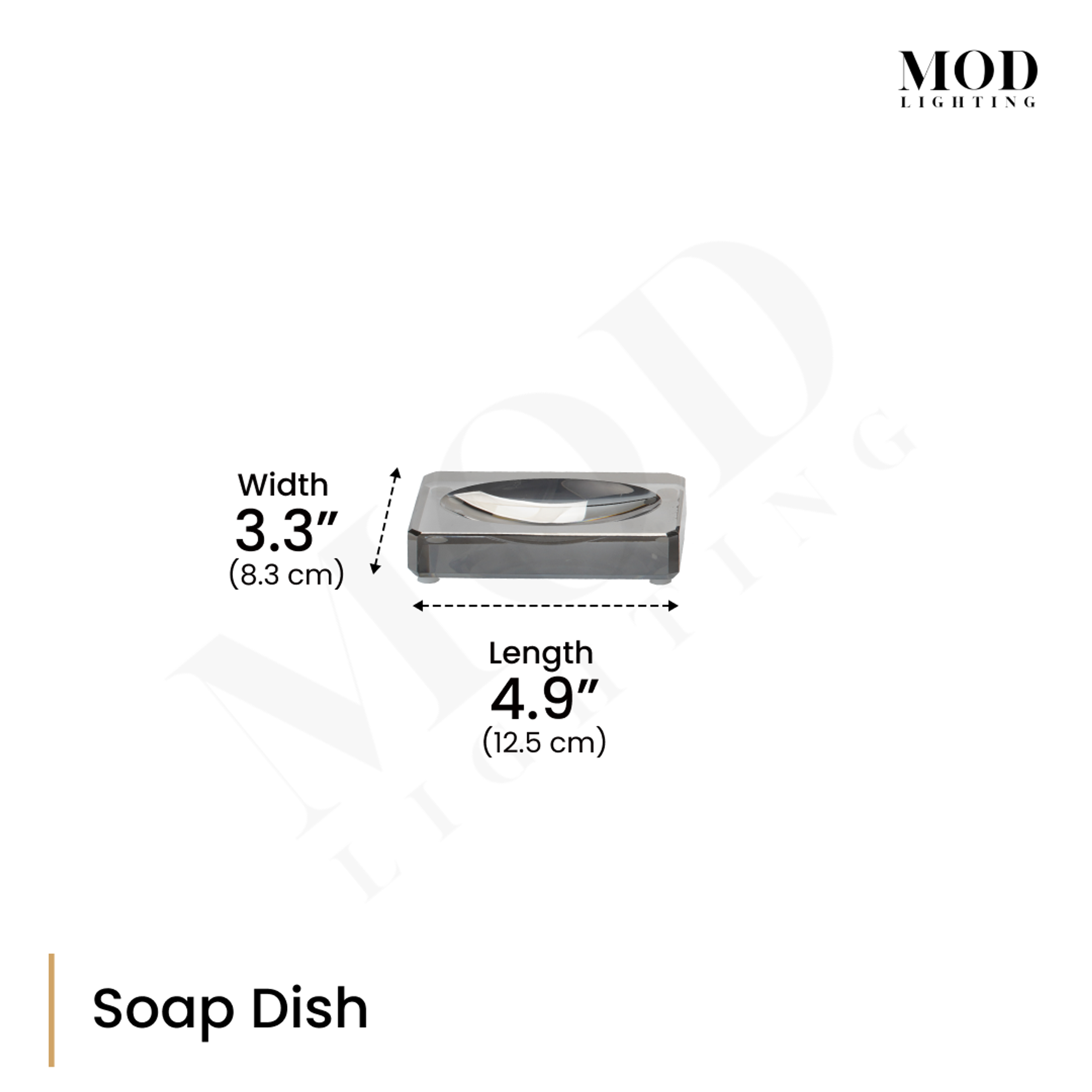 Moonlit Crystal Bath Set soap dish, dimension diagram of the smoky crystal tray: 4.9 in long, 3.3 in wide