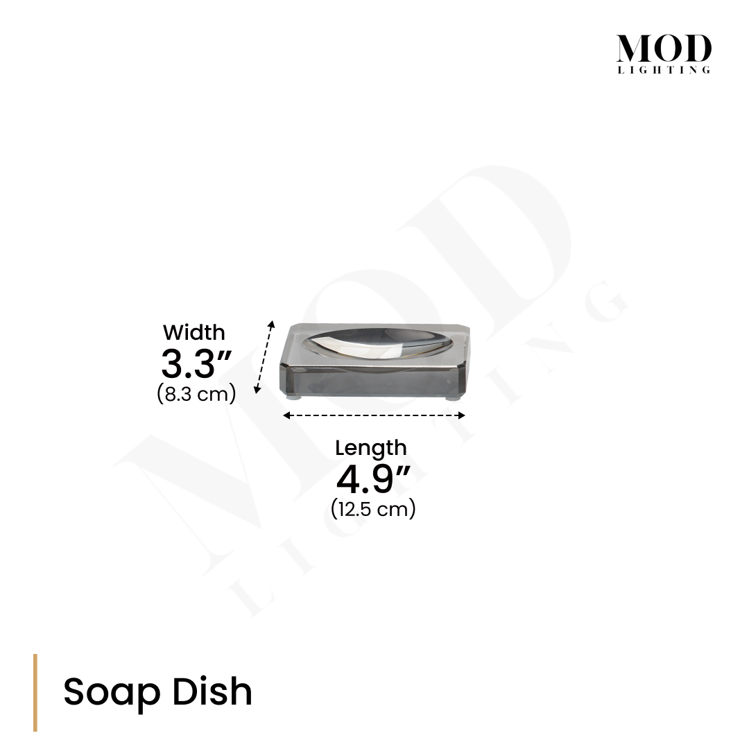 Moonlit Crystal Bath Set soap dish, dimension diagram of the smoky crystal tray: 4.9 in long, 3.3 in wide
