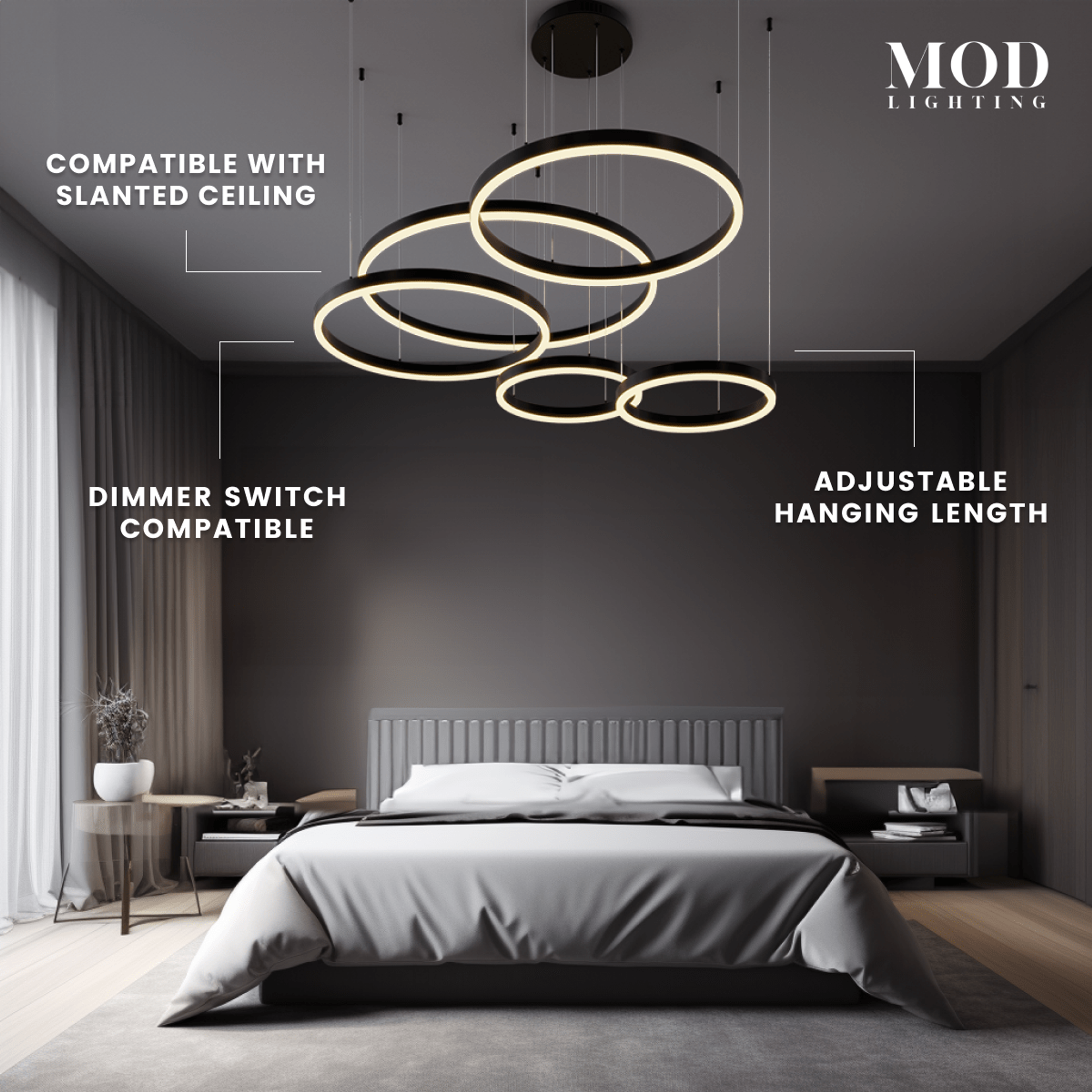 Charlotte chandelier, tiered gold LED rings suspended above a bed