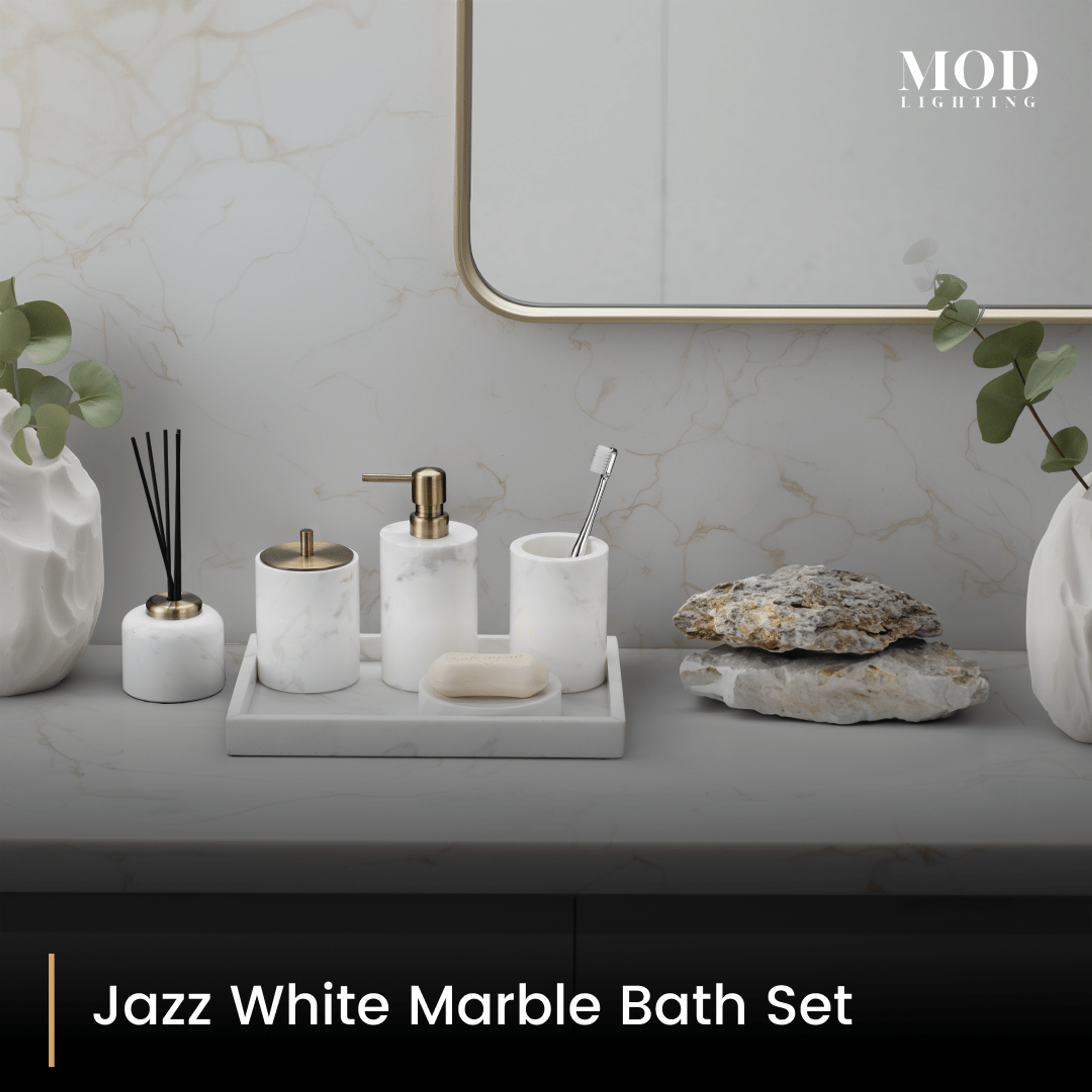 Jazz White Marble Bath Set on a tray on a grey vanity with a mirror and a raw stone accent