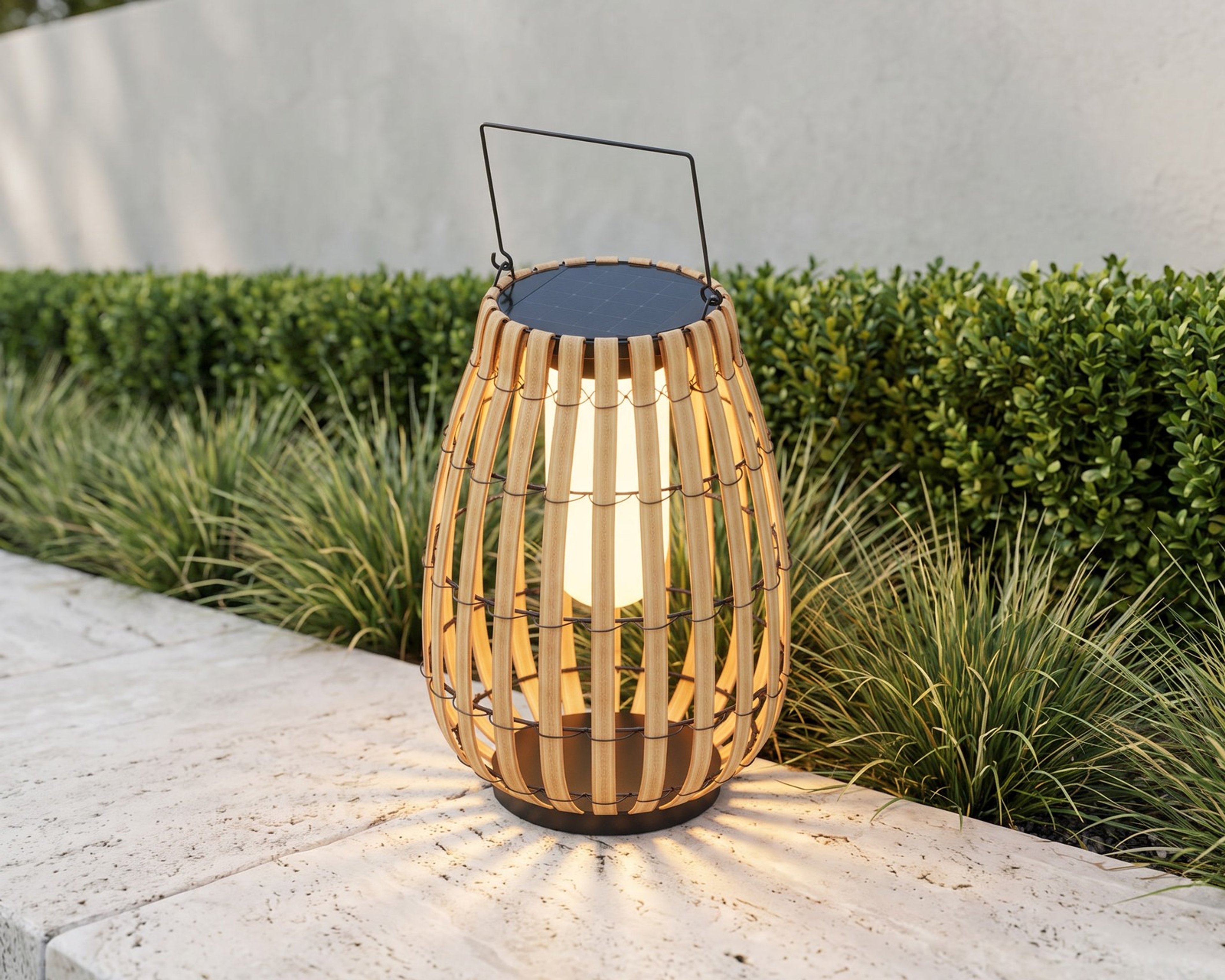 Beam, a woven solar lantern, on a garden path