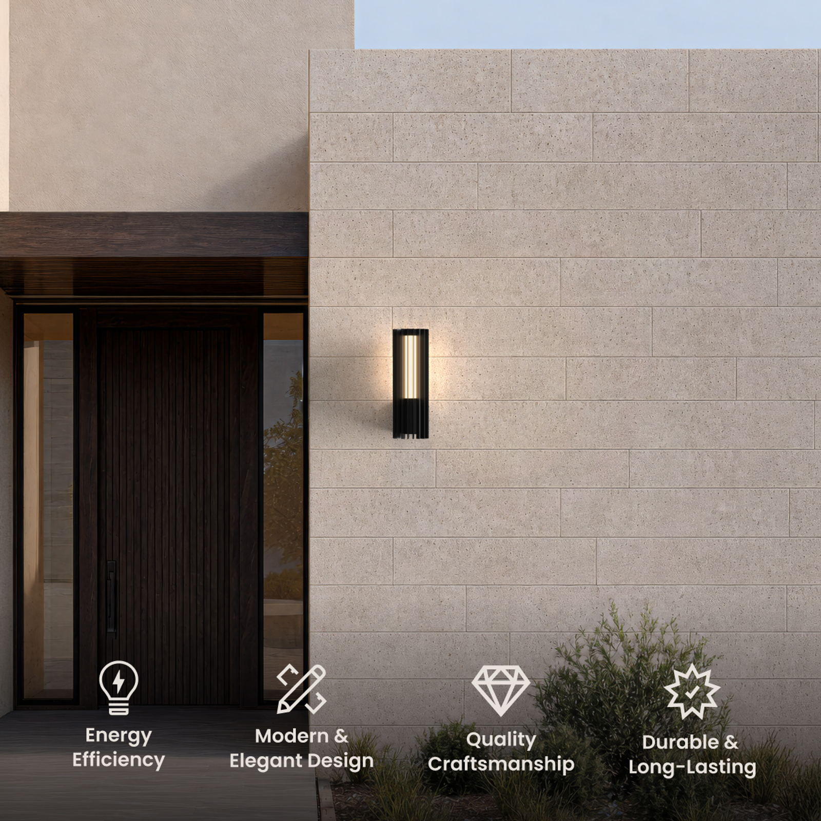 Knox black outdoor sconce on a stone facade beside a wood front door, with feature icons