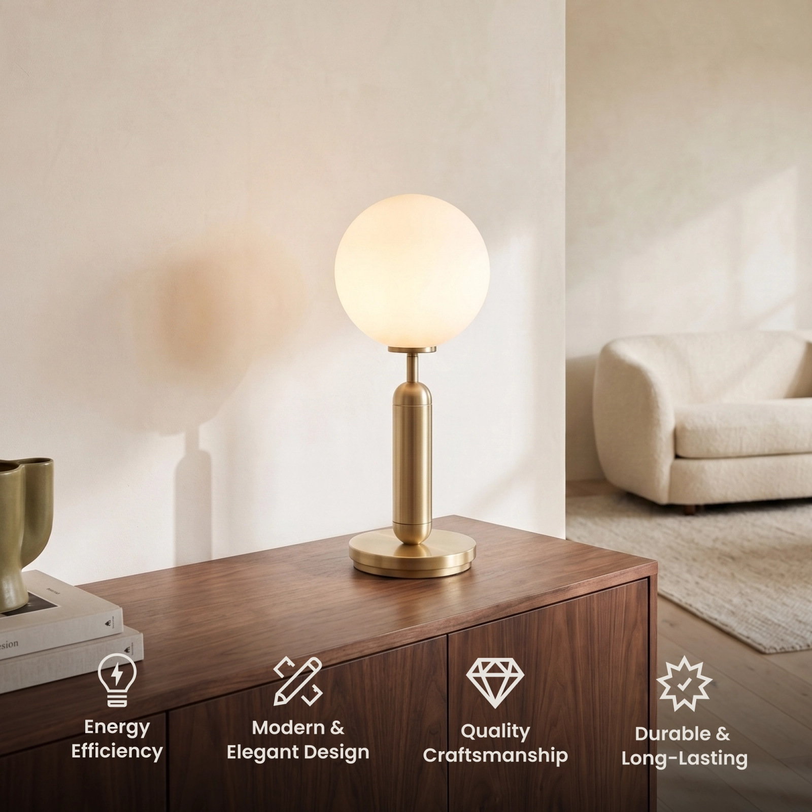 Angelica Table Lamp brushed-gold base with white glass globe on a nightstand beside a bed
