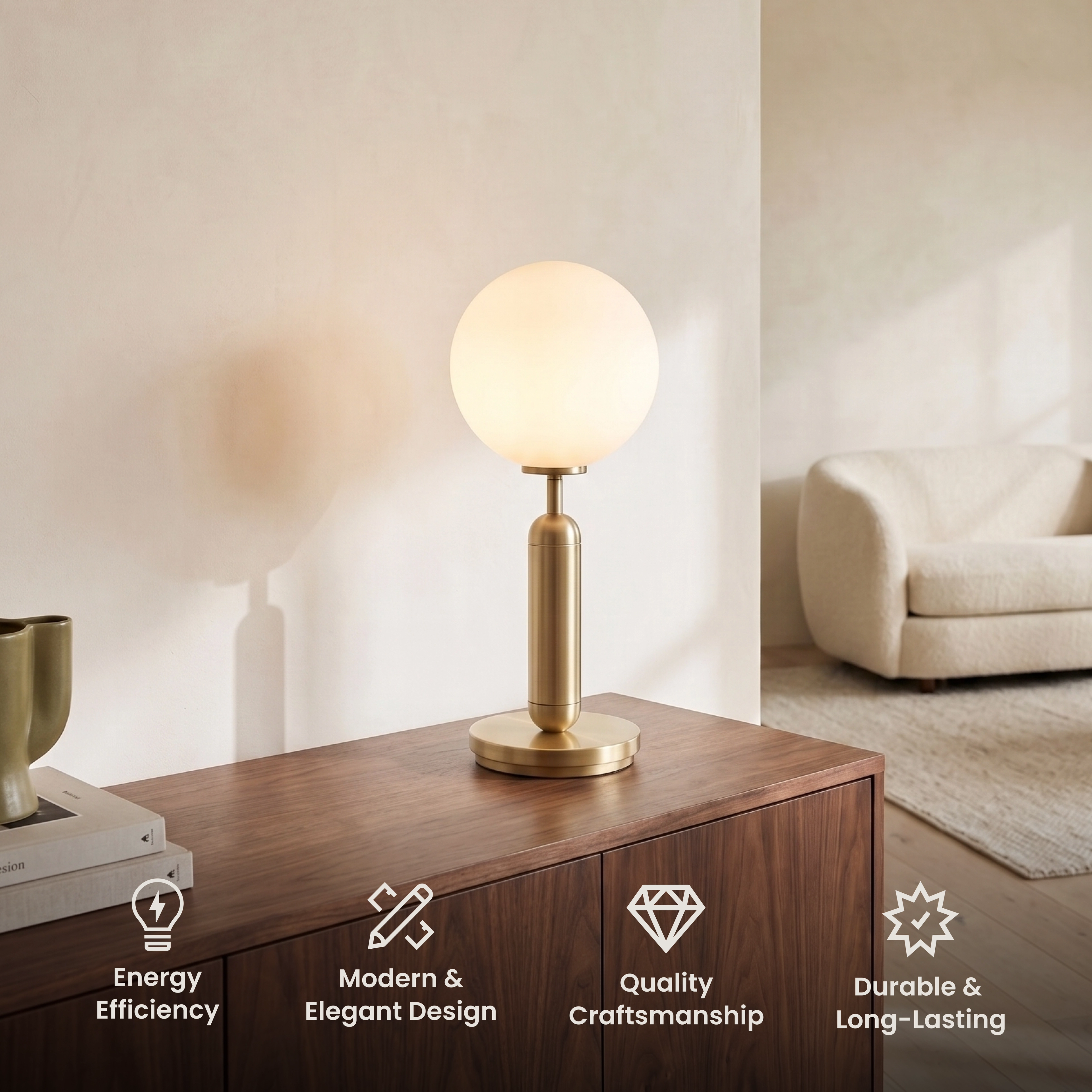 Angelica Table Lamp brushed-gold base with white glass globe on a nightstand beside a bed