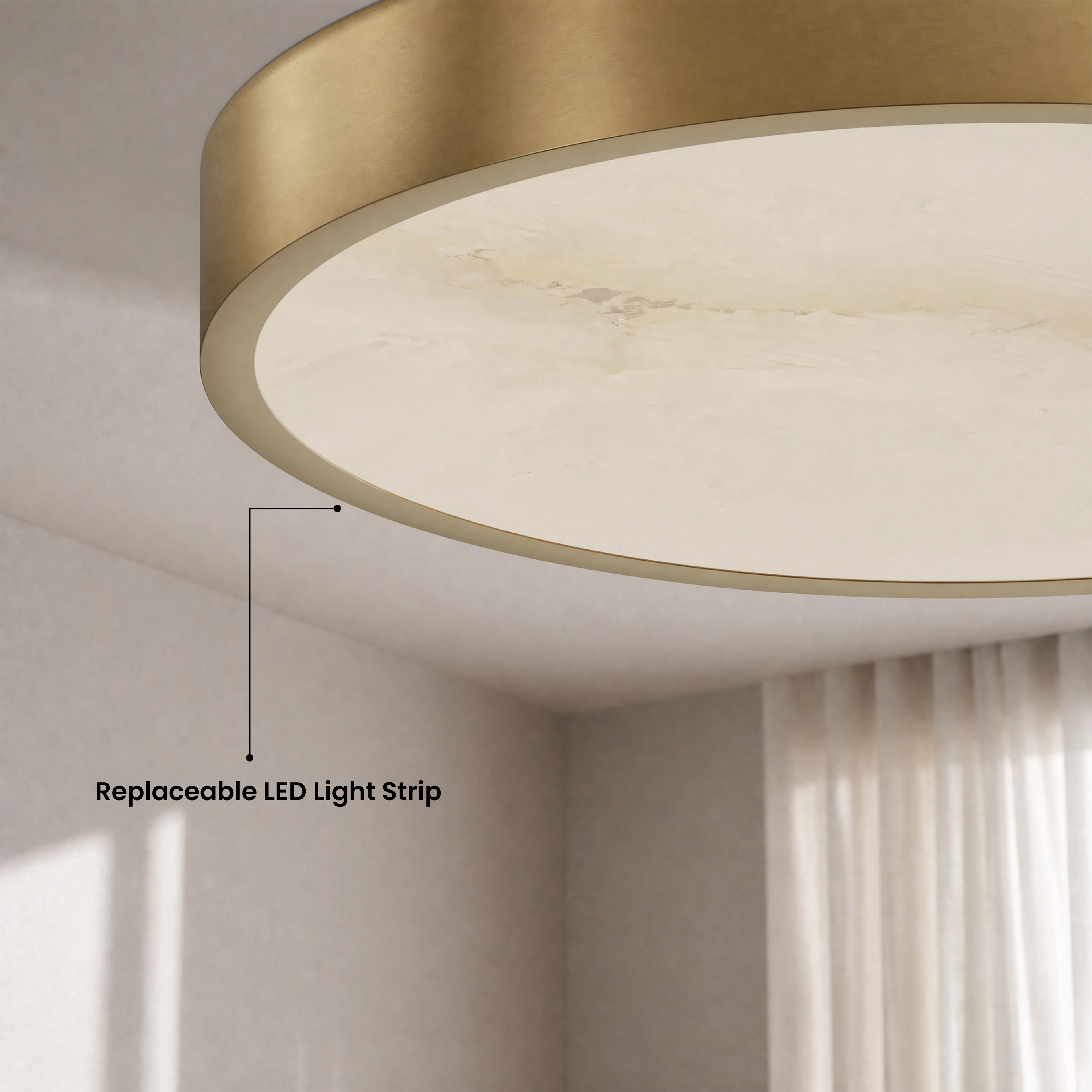 Celia Smart brass and alabaster ceiling light close-up, labeled replaceable LED light strip