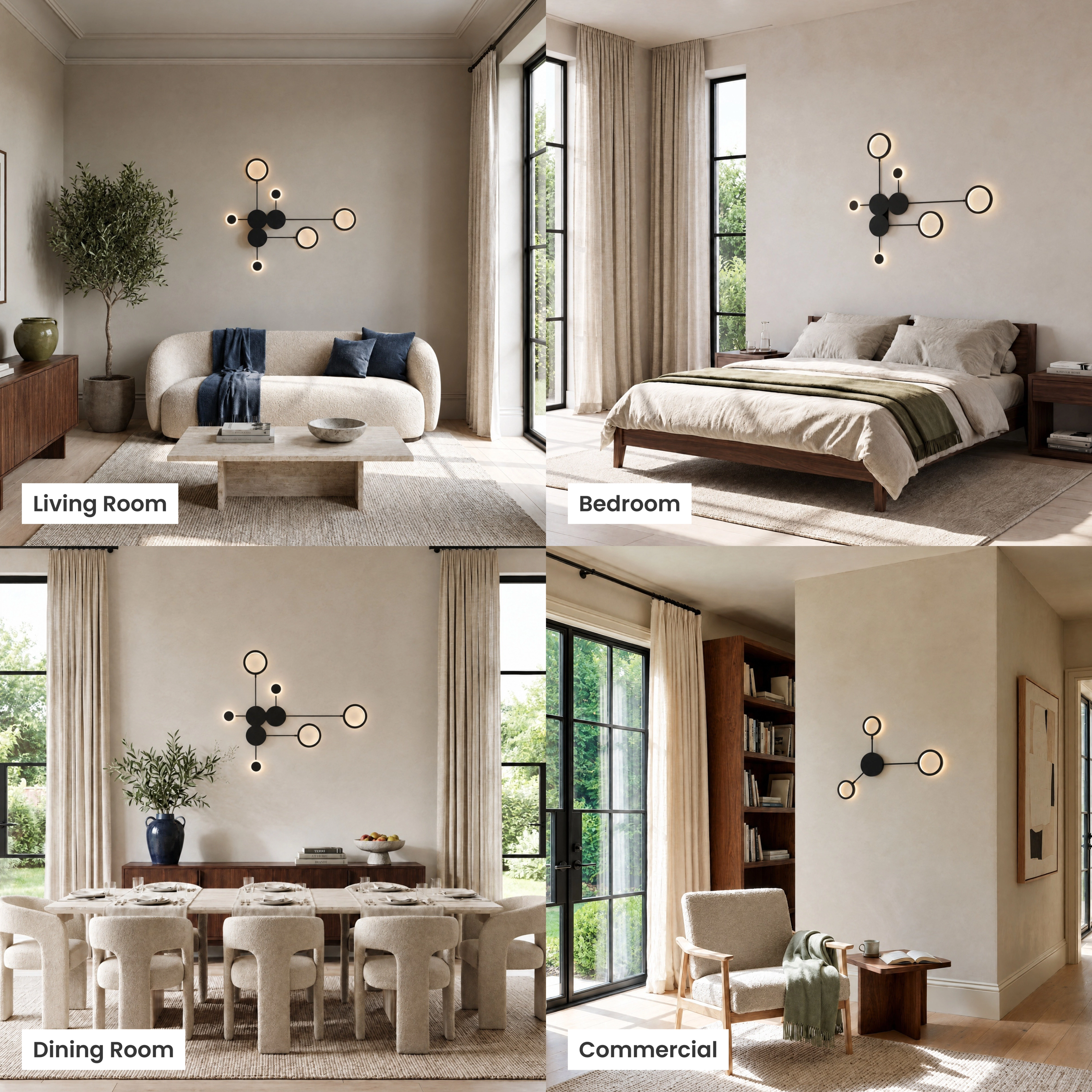 Link wall light, black branching arms tipped with white glass globes mounted beside a bed and sofa