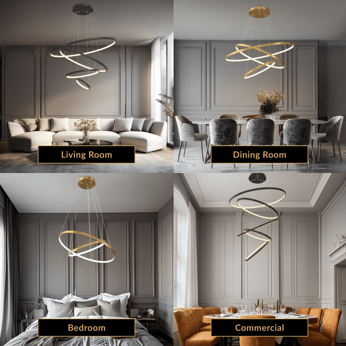 Janet ring chandelier, overlapping thin gold circles on straps suspended over a living and dining space