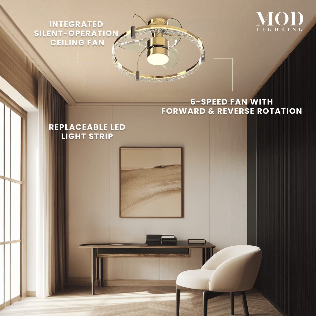 Velora gold ceiling fan light with callouts: silent-operation fan, replaceable LED strip, 6-speed reversible