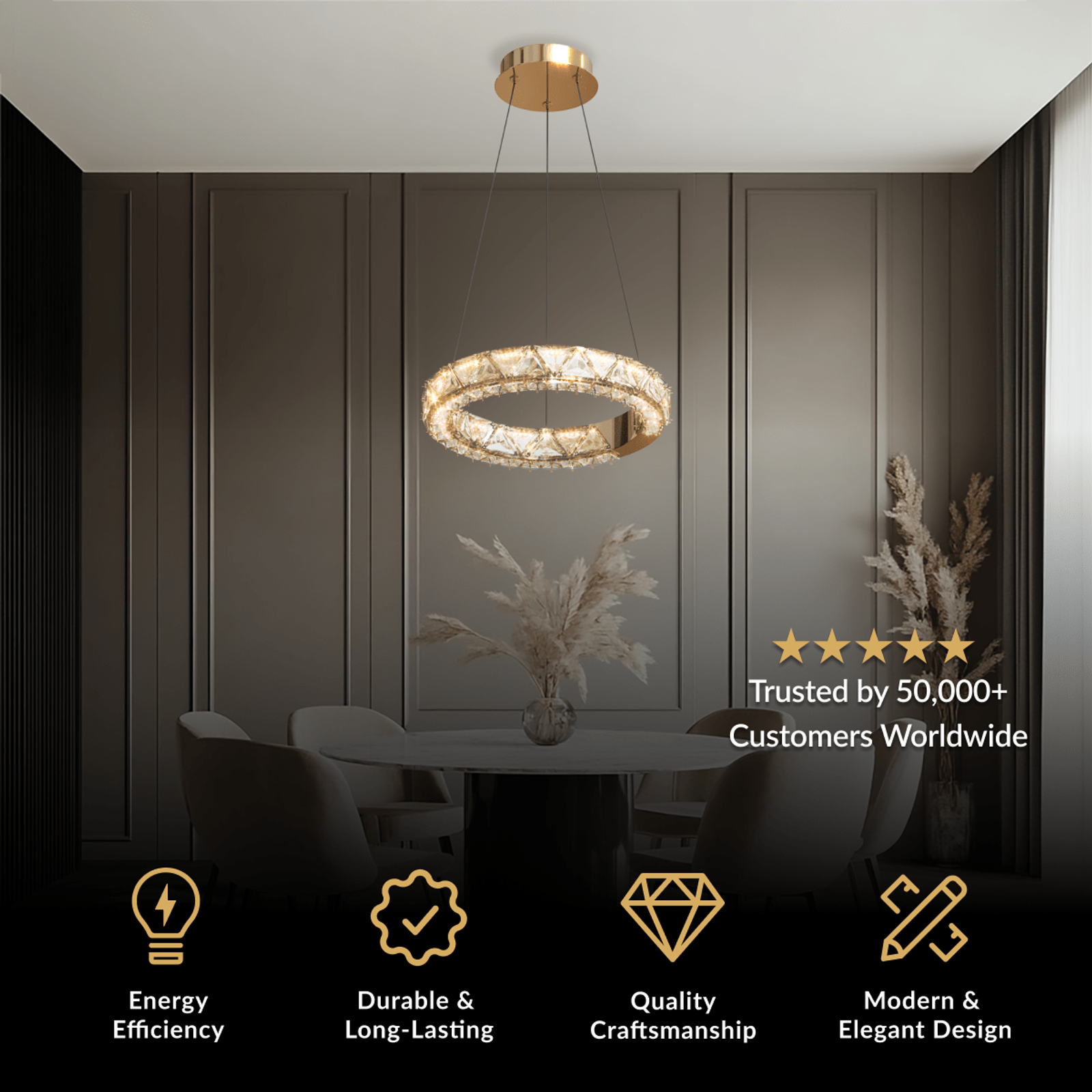 Jana single crystal-encrusted ring chandelier above a table in a dark paneled dining room