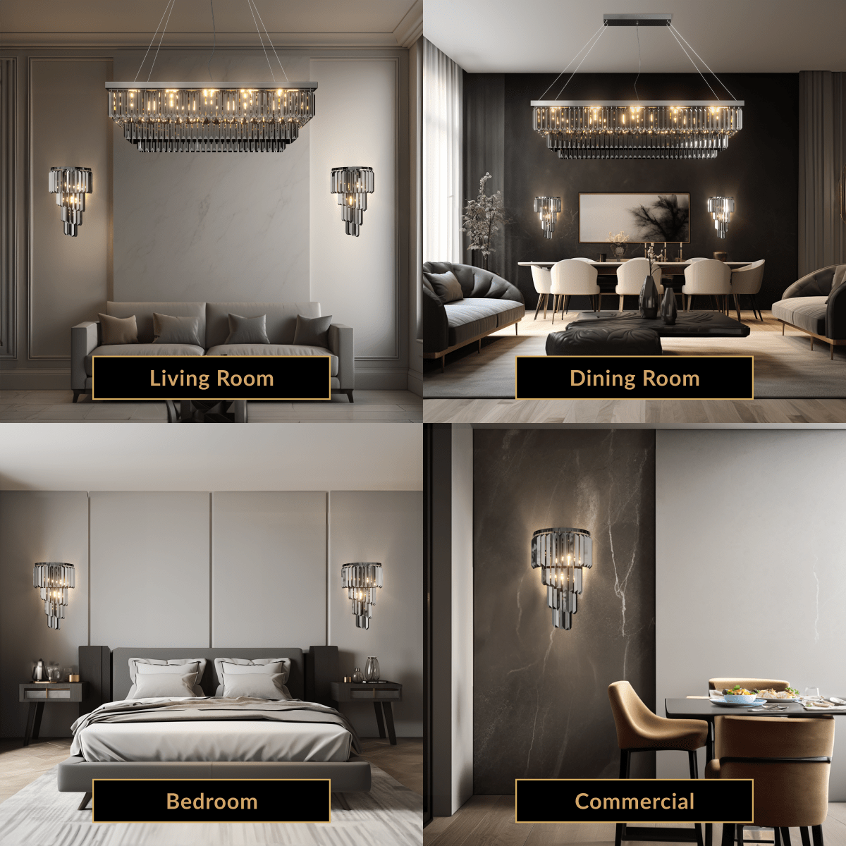 Umbra tiered crystal sconce shown in living room, dining room, bedroom and commercial settings