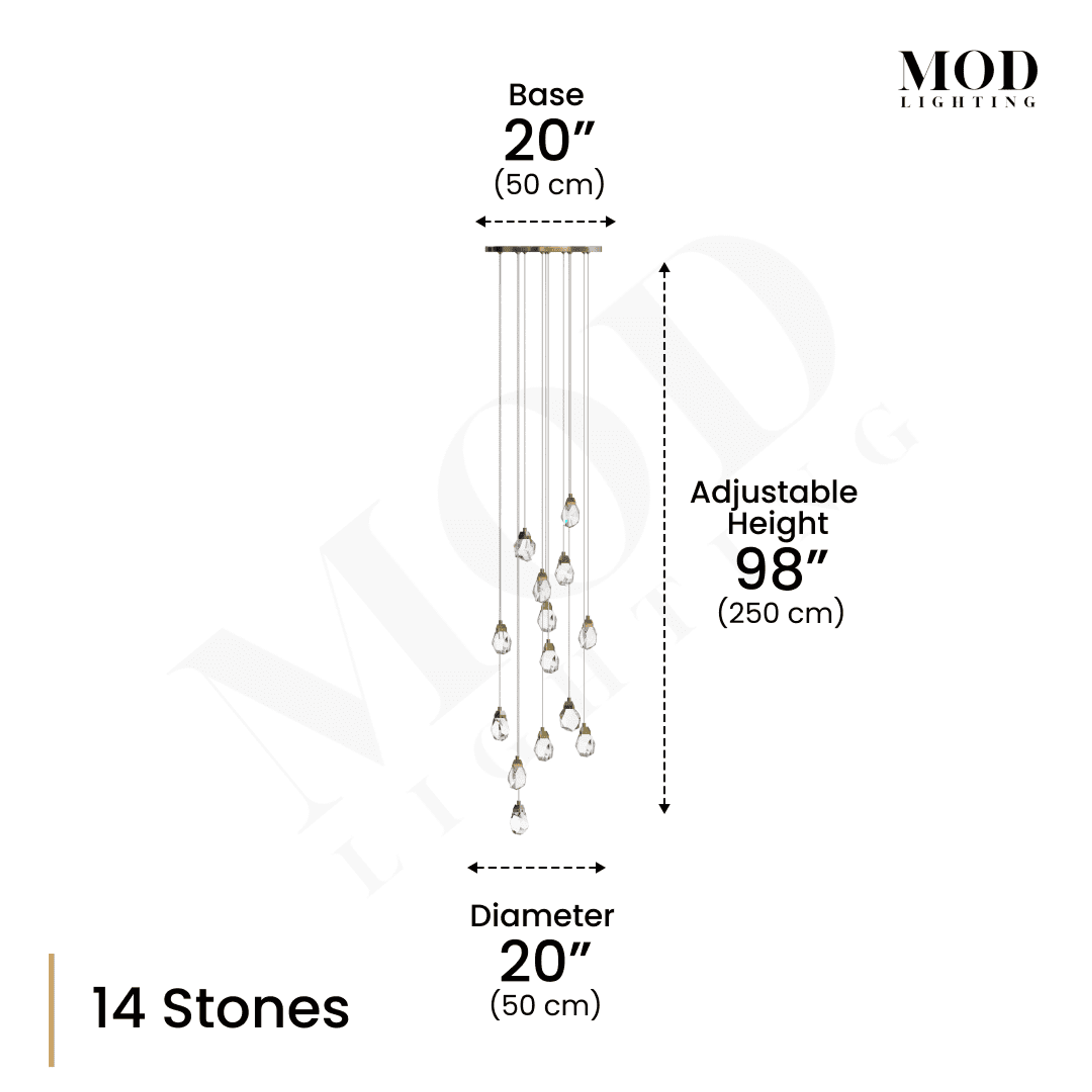 Hailstone dimension diagram, 14 faceted crystal stones, 20" base and diameter, 98" adjustable height