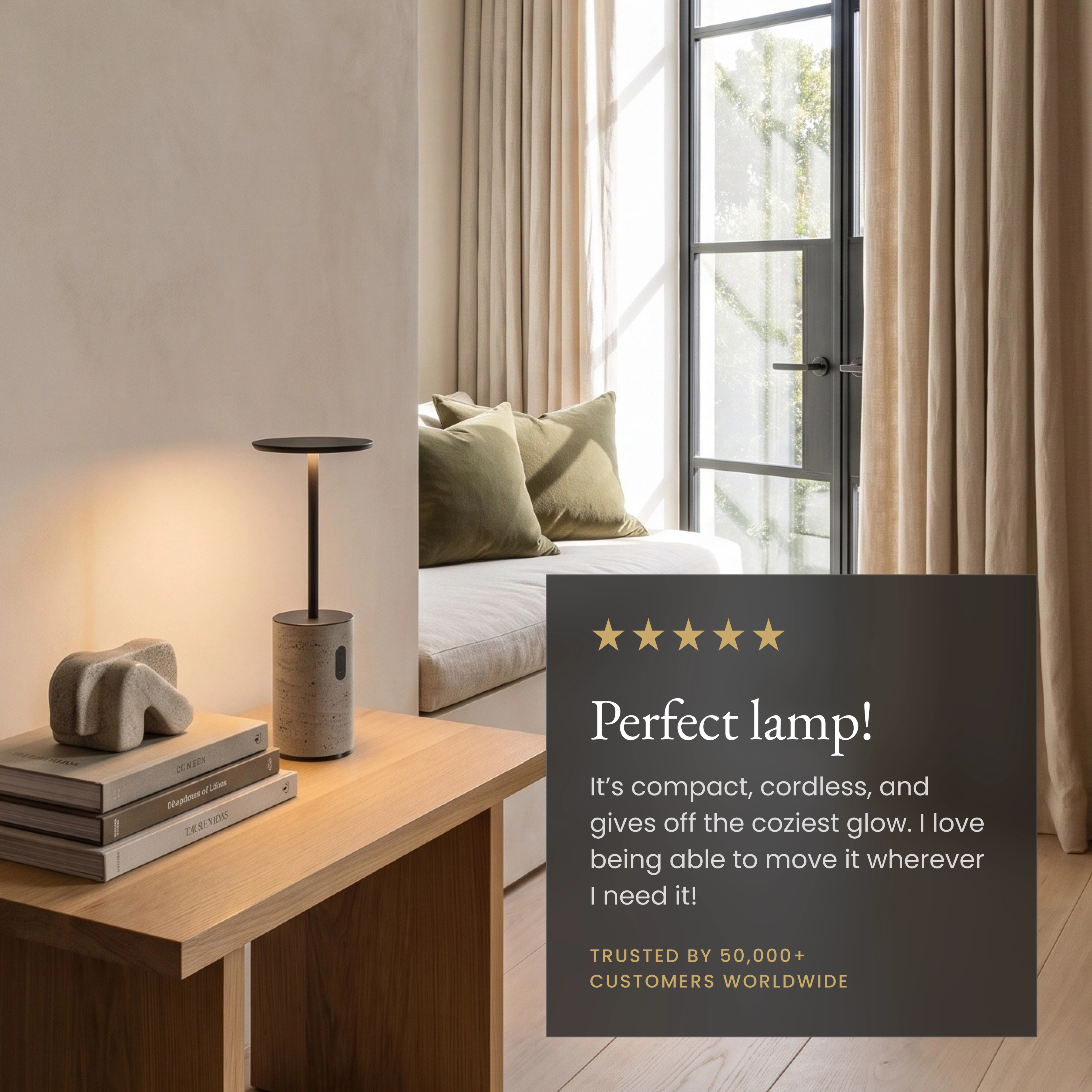 Vera table lamp, cylindrical travertine base with slim stem and flat disc shade, portable and touch-dimmable