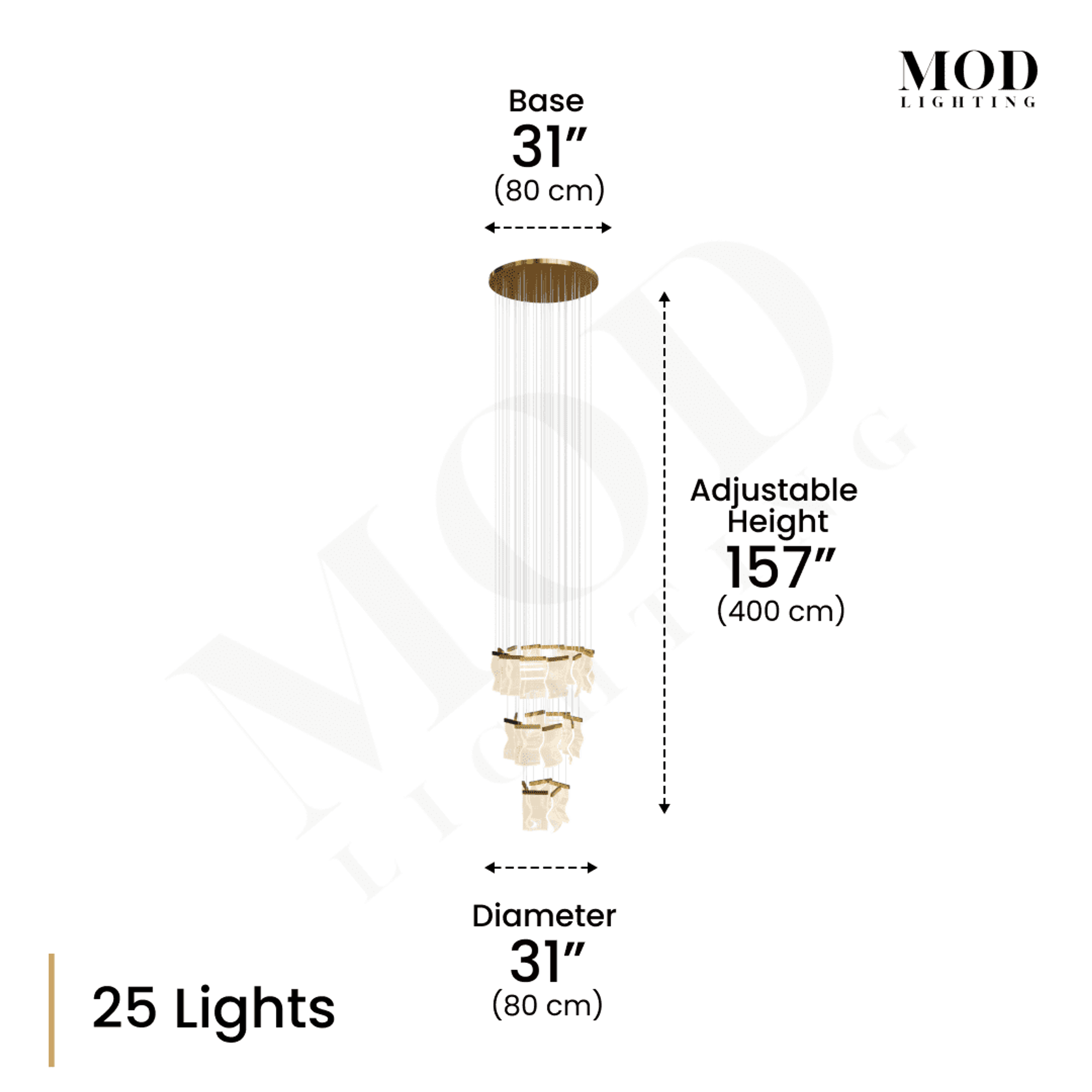 Helia 25-light spiral chandelier dimension diagram: 31in base and diameter, 157in adjustable height