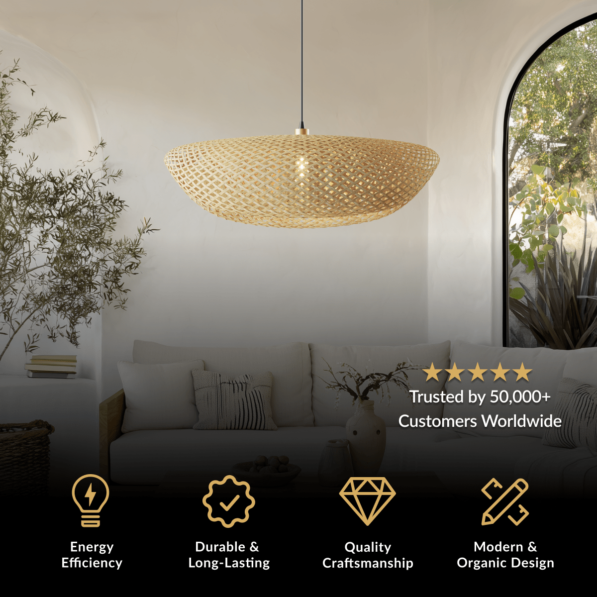 Liora chandelier, wide flat woven bamboo disc pendant over a living room sofa