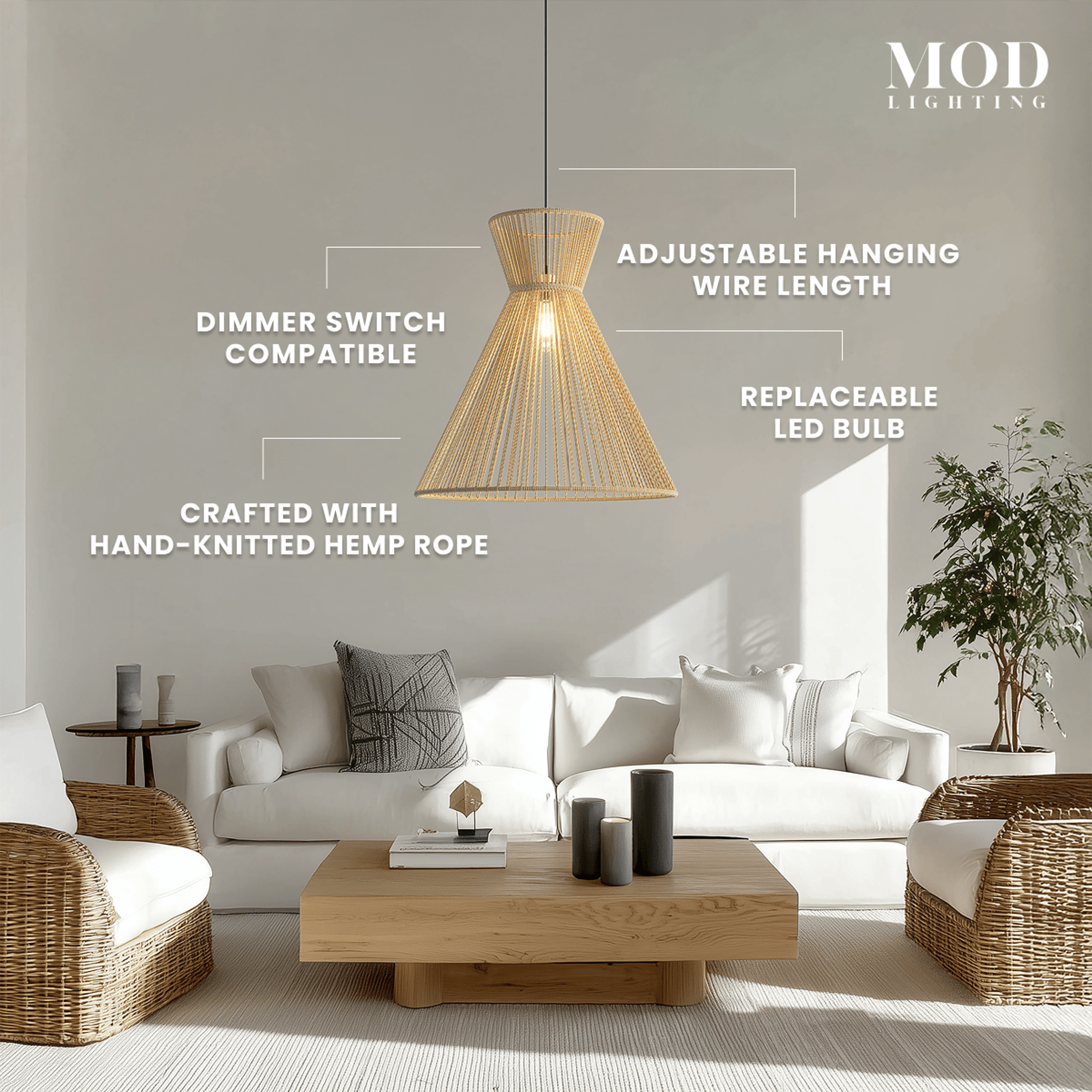 Isla natural hemp rope pendant, flared hourglass cone form, over a sofa in a bright living room