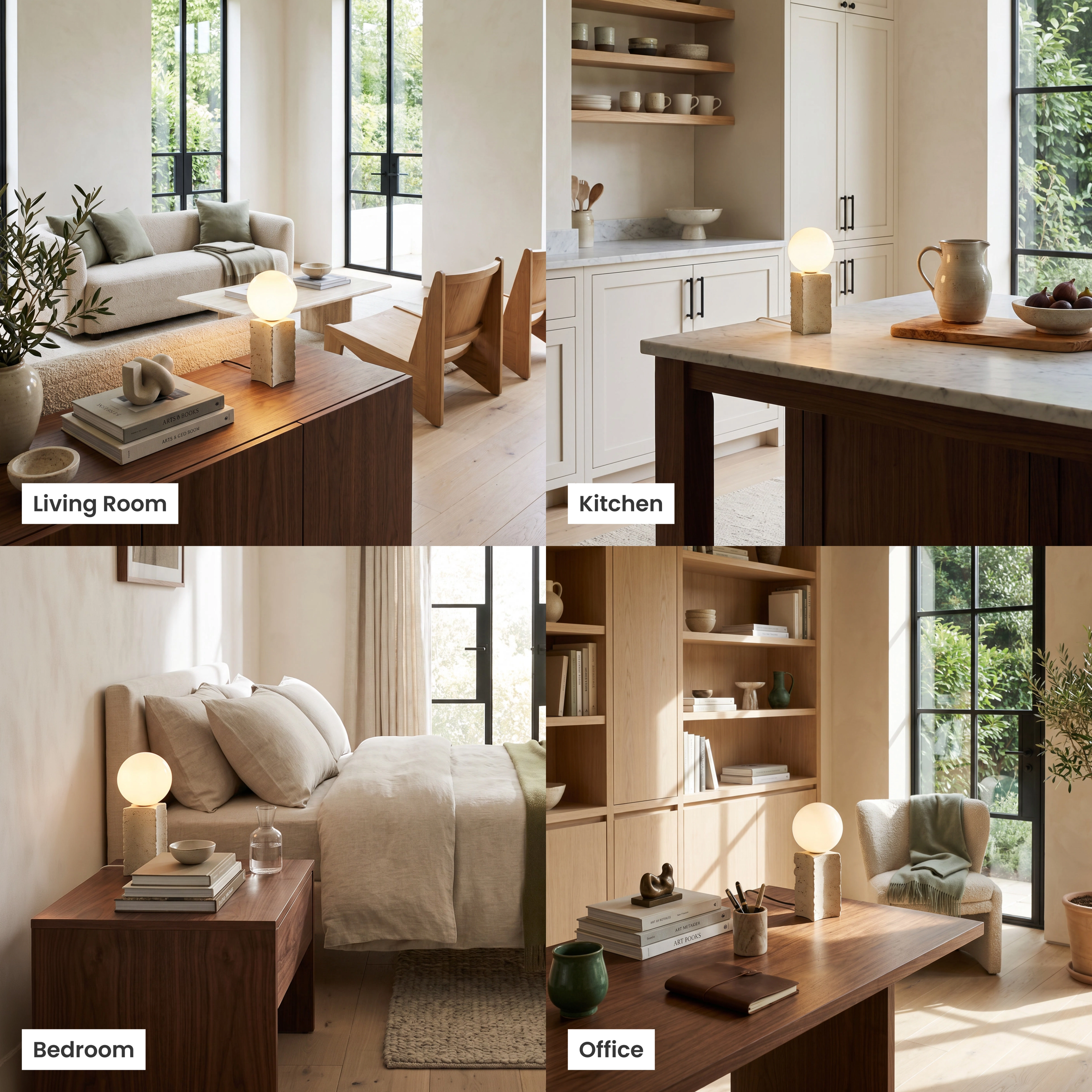 Arabella Table Lamp travertine stone lamp, stone base with glass orb, staged in living, dining, bedroom and commercial rooms