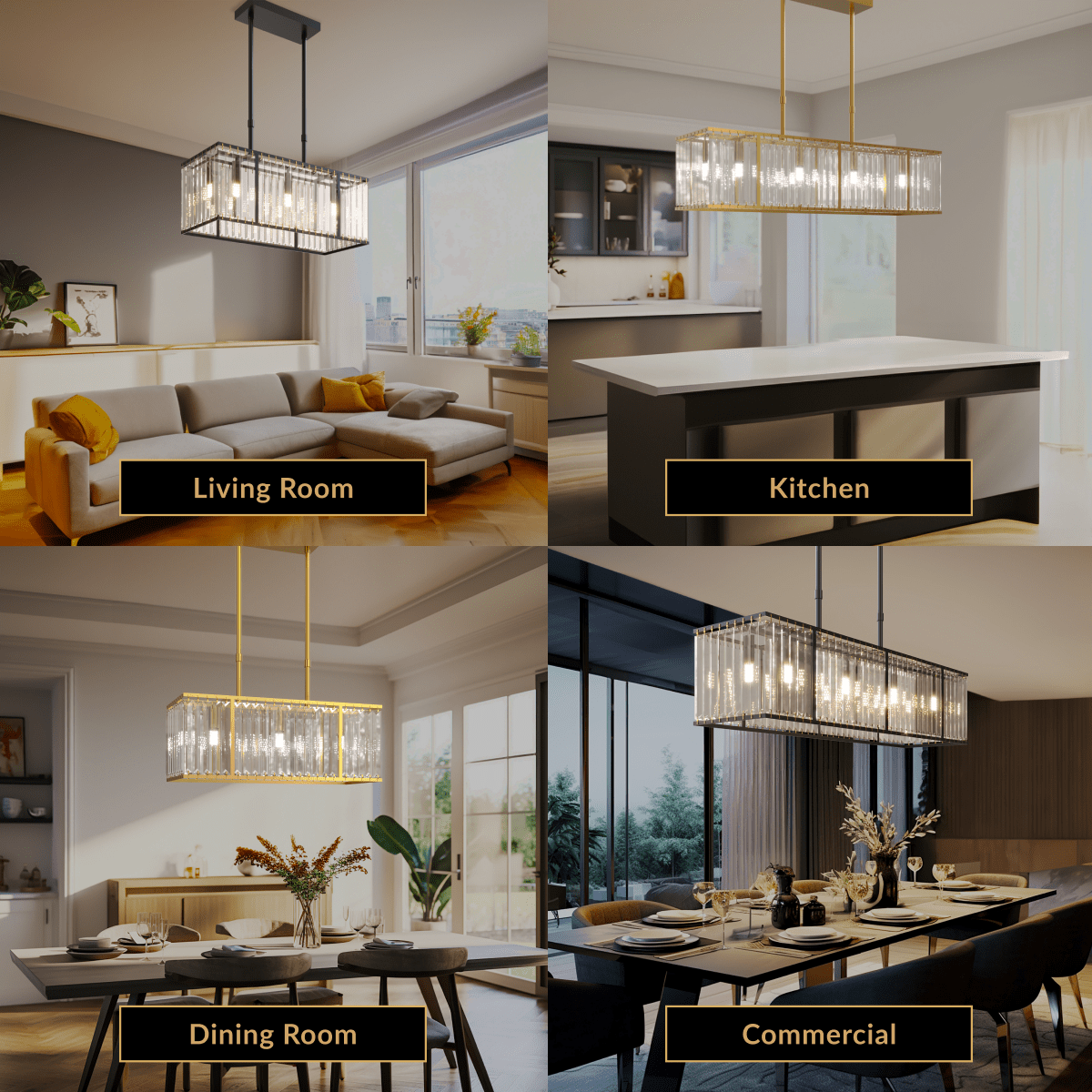 Gabriella crystal-bar chandelier shown in four settings: living room, kitchen, dining room and commercial
