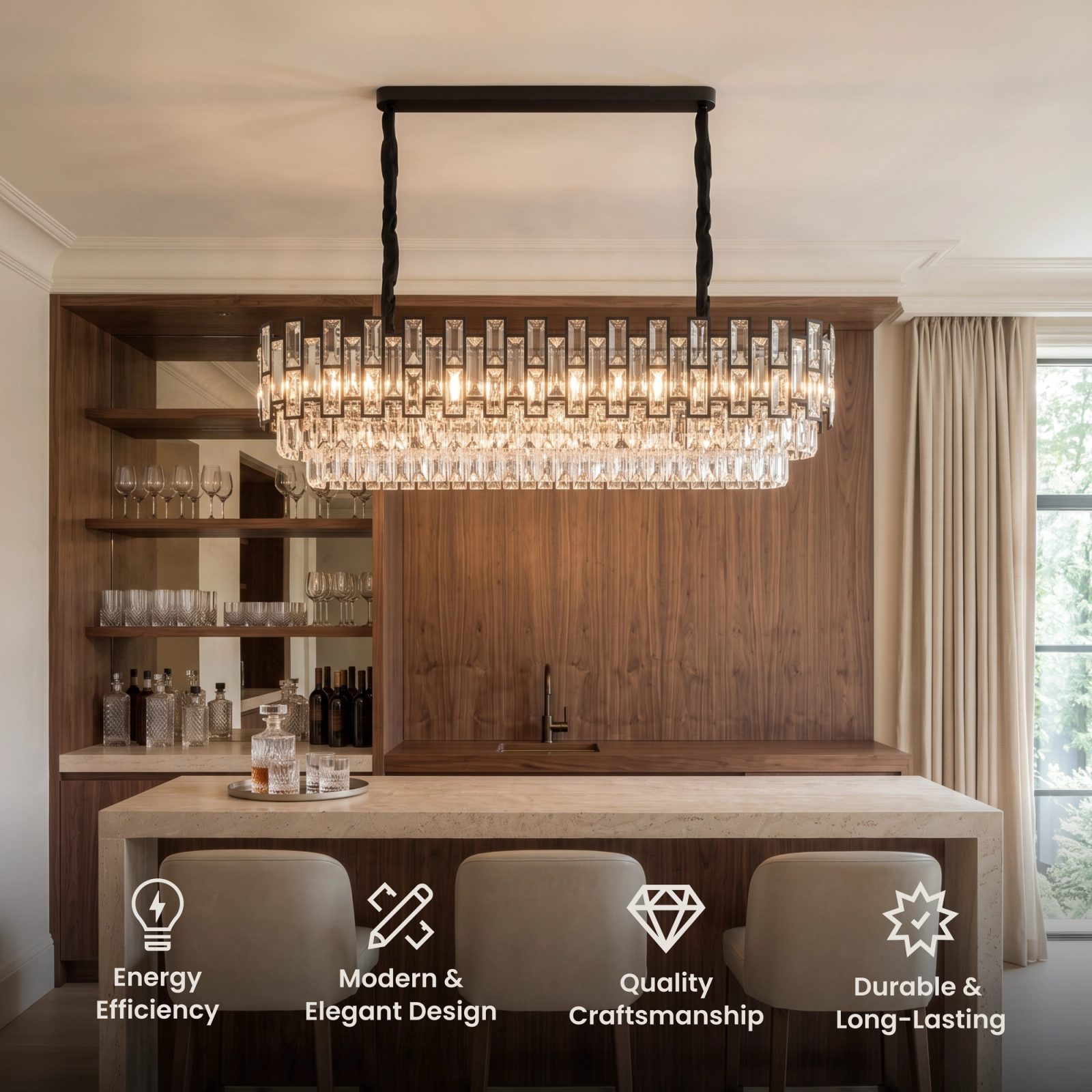 Raven Pendant, rectangular black frame with clear crystal rods, suspended over a dining table