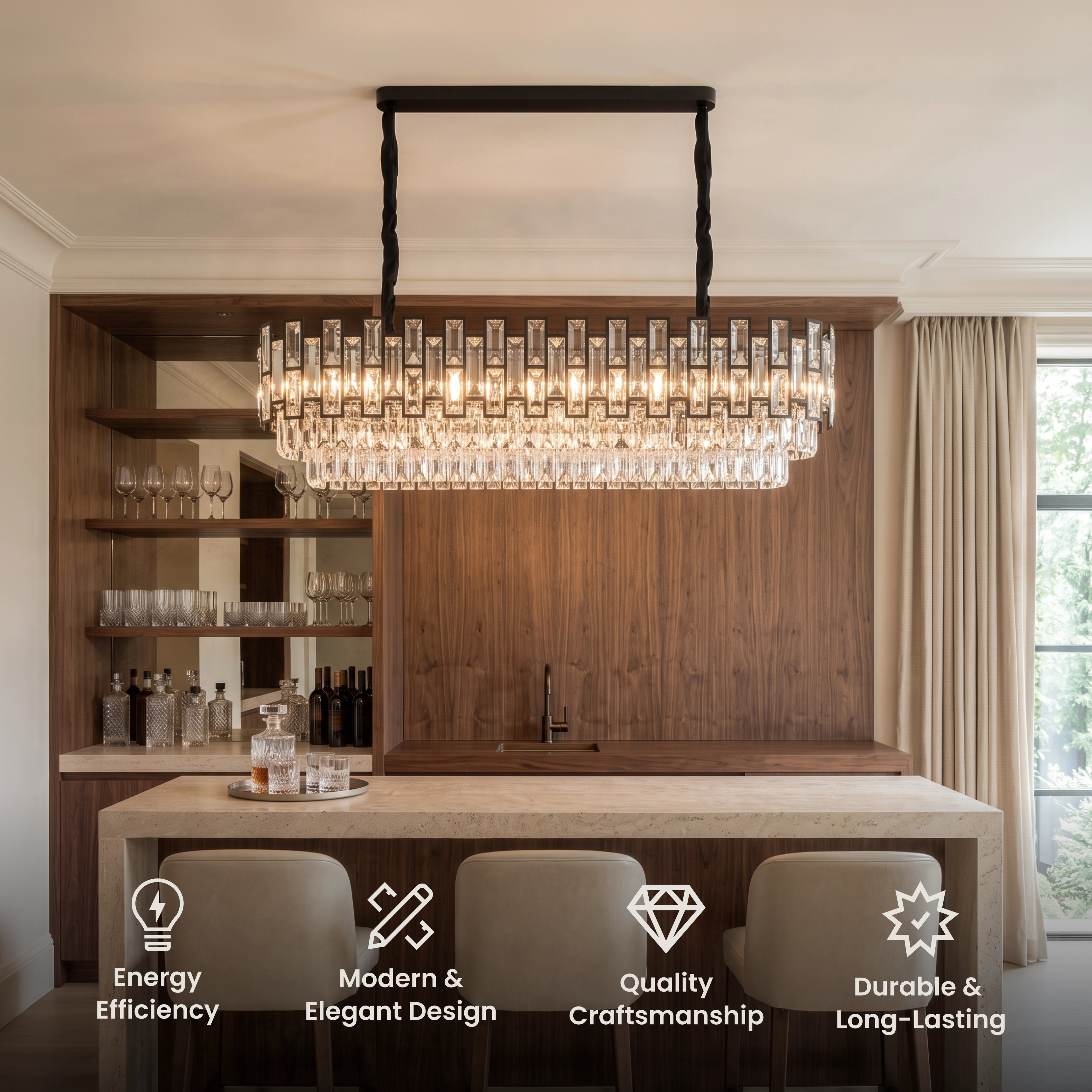 Raven Pendant, rectangular black frame with clear crystal rods, suspended over a dining table