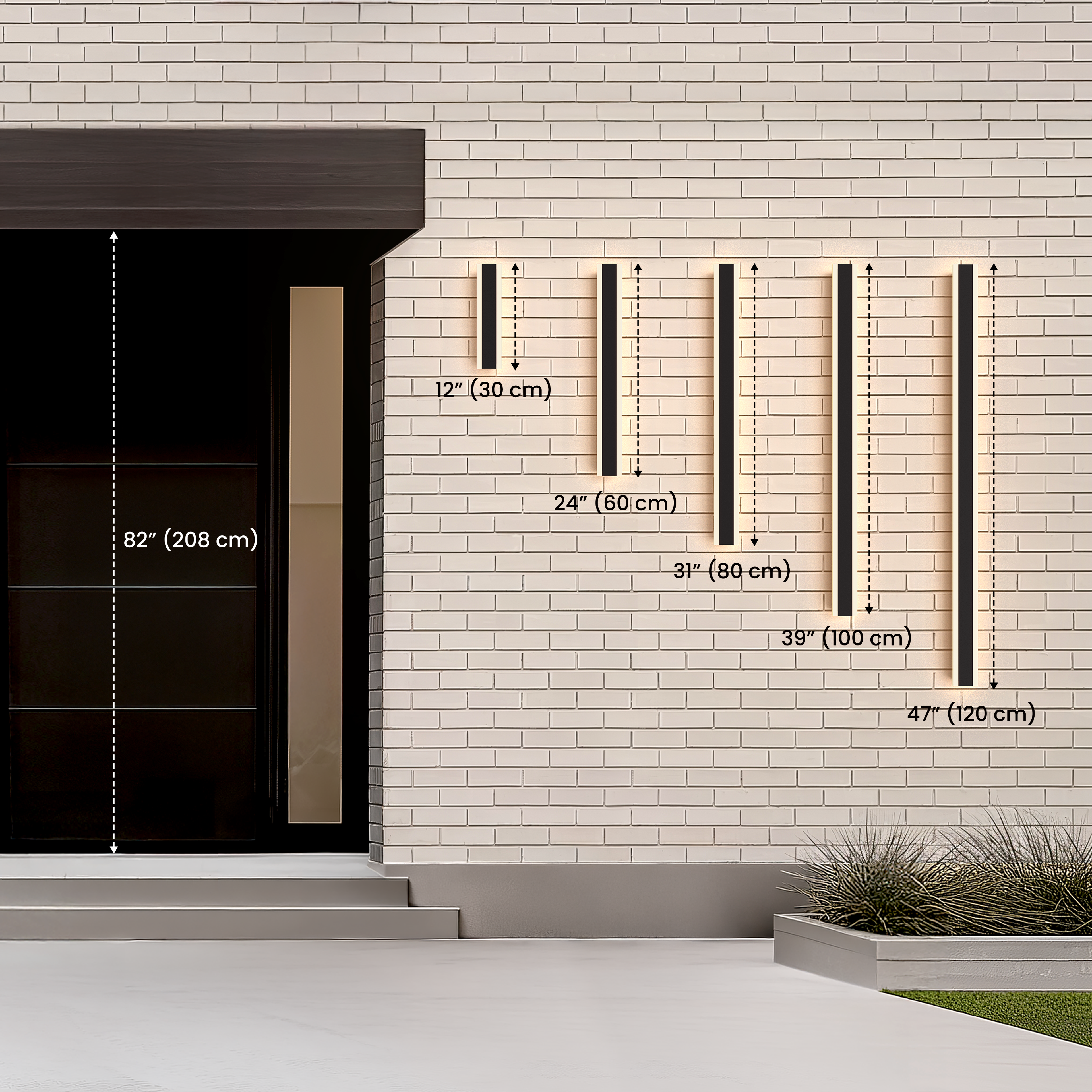 Haylen wall light size diagram: 12, 24, 31 and 47 inch lengths shown beside an 82-inch door