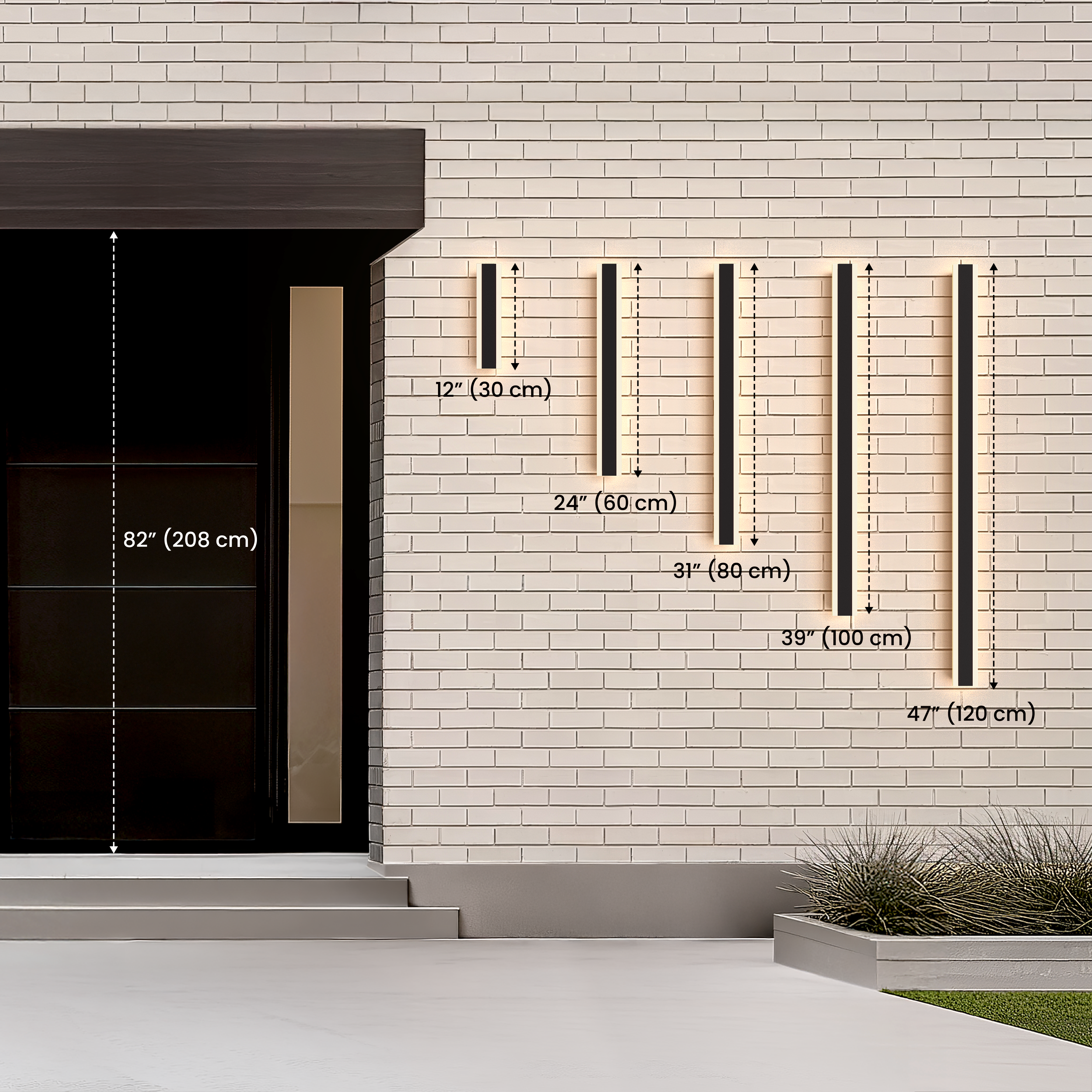 Haylen wall light size diagram: 12, 24, 31 and 47 inch lengths shown beside an 82-inch door