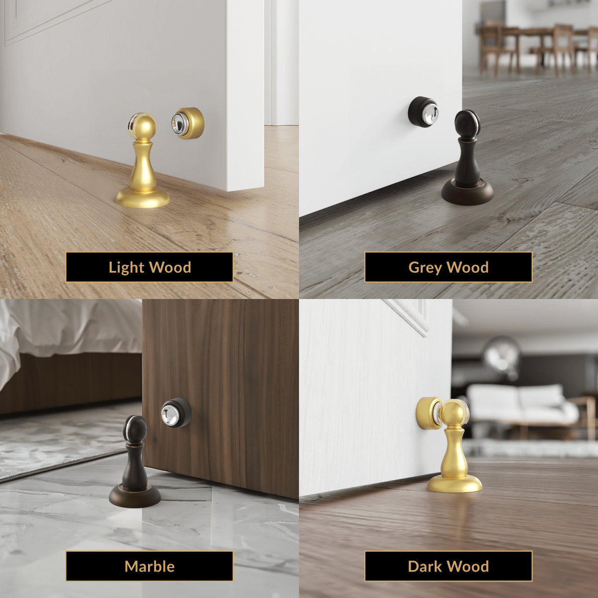 Rivo door stop shown by a door over light wood, grey wood, marble and dark wood floors