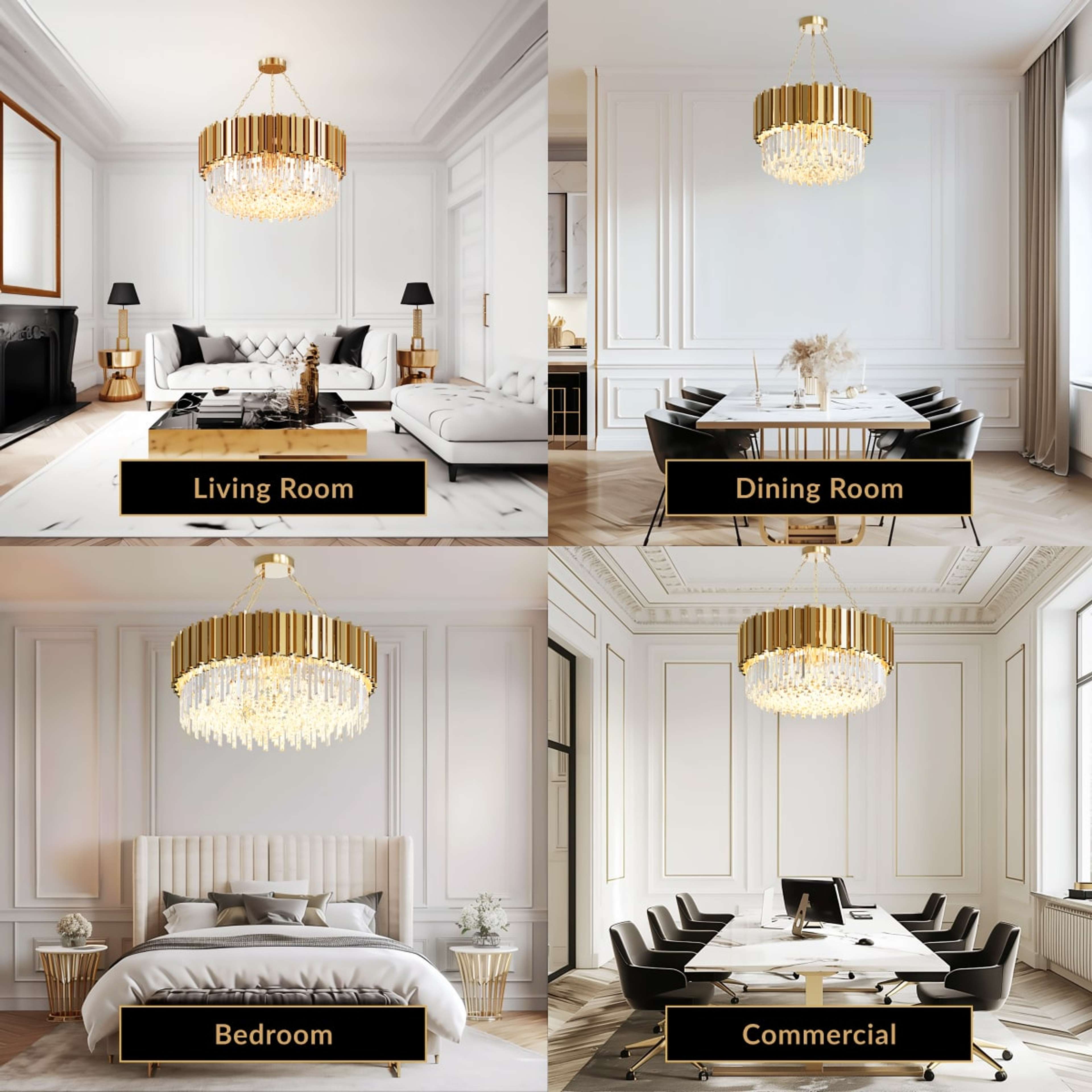 Athena gold crystal chandelier shown in living room, dining room, bedroom and commercial interiors
