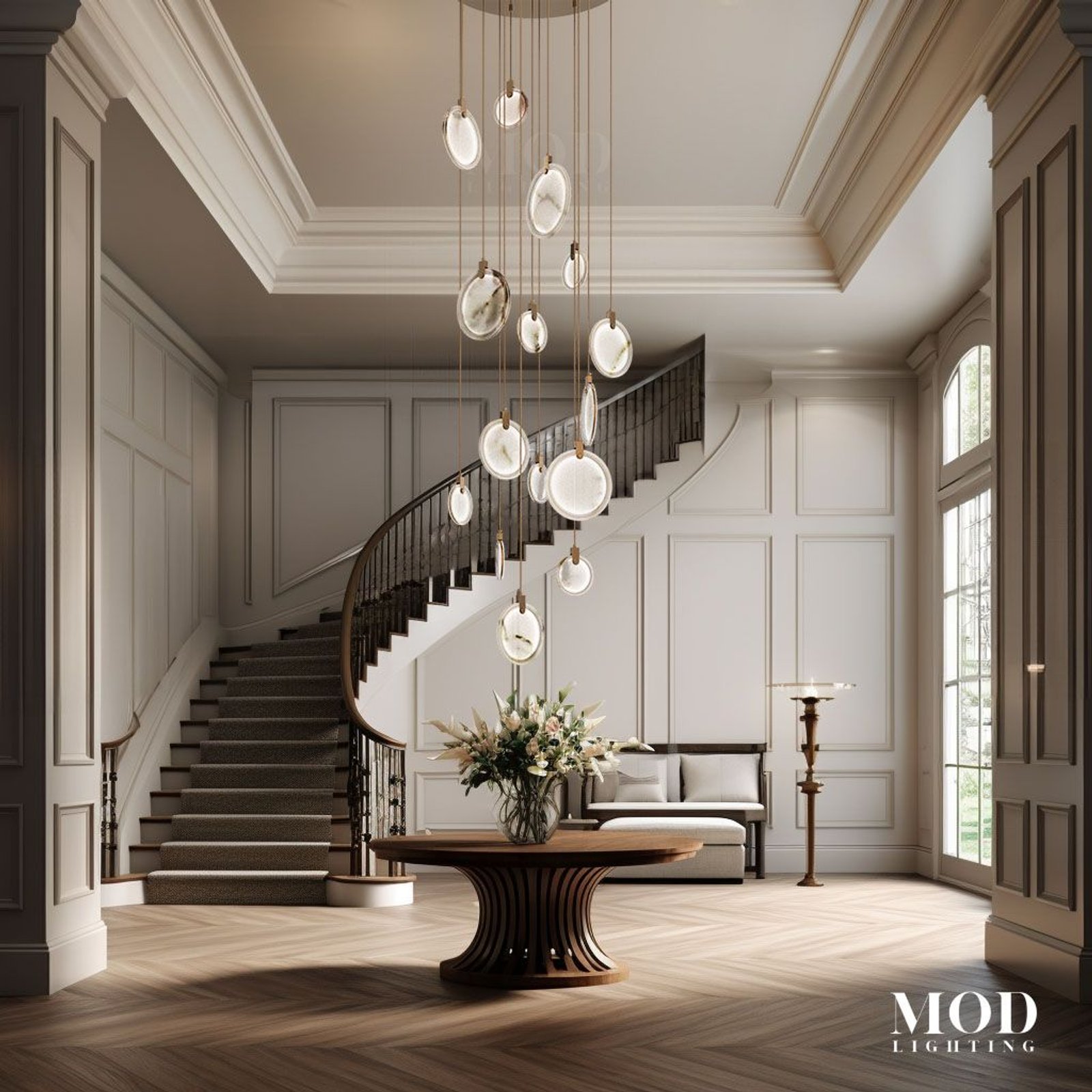 Marble pendant chandelier, spiraling strands of small clear discs, over a round table in a grand foyer stairwell