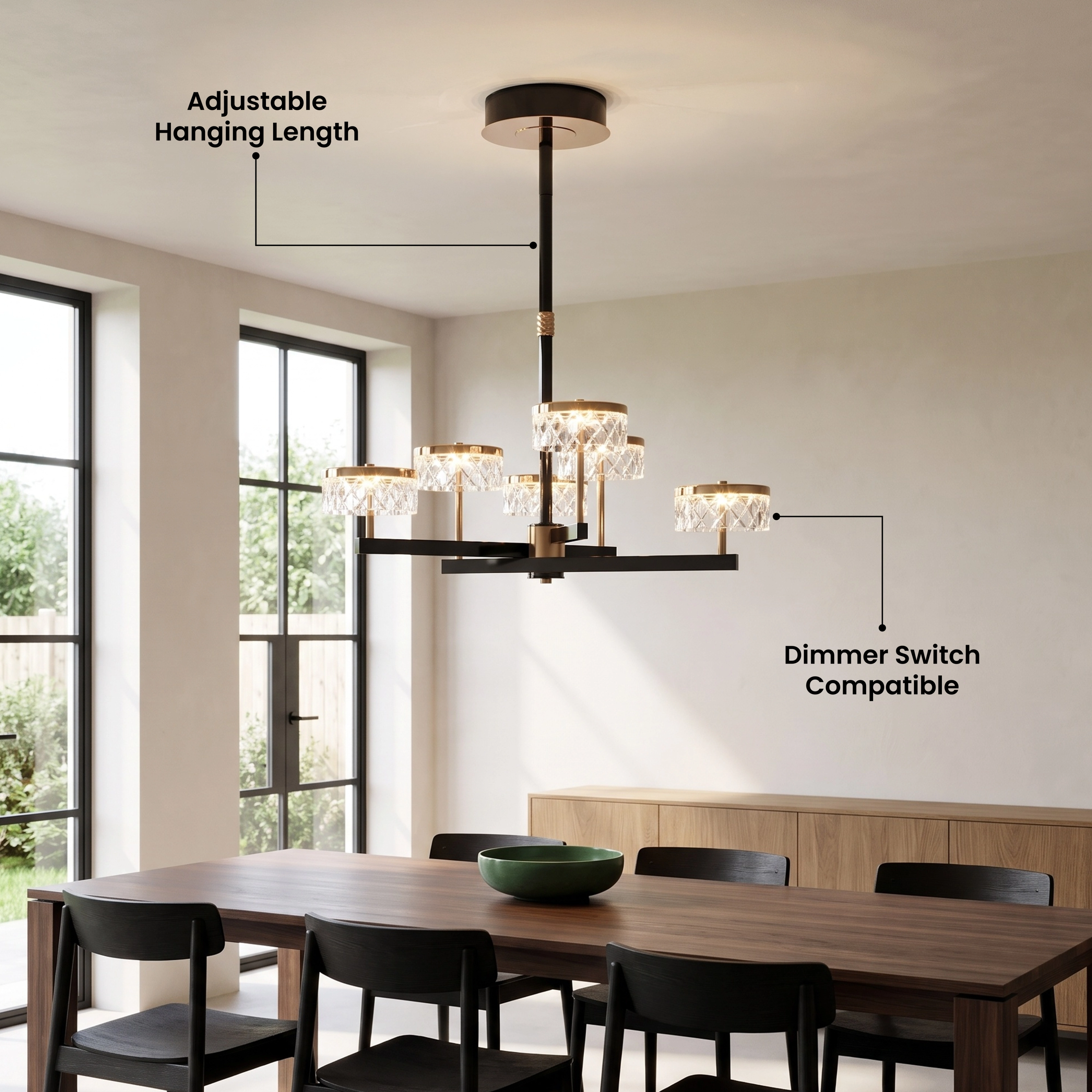 Emma black-and-gold crystal drum-shade chandelier over a dining table in a modern room