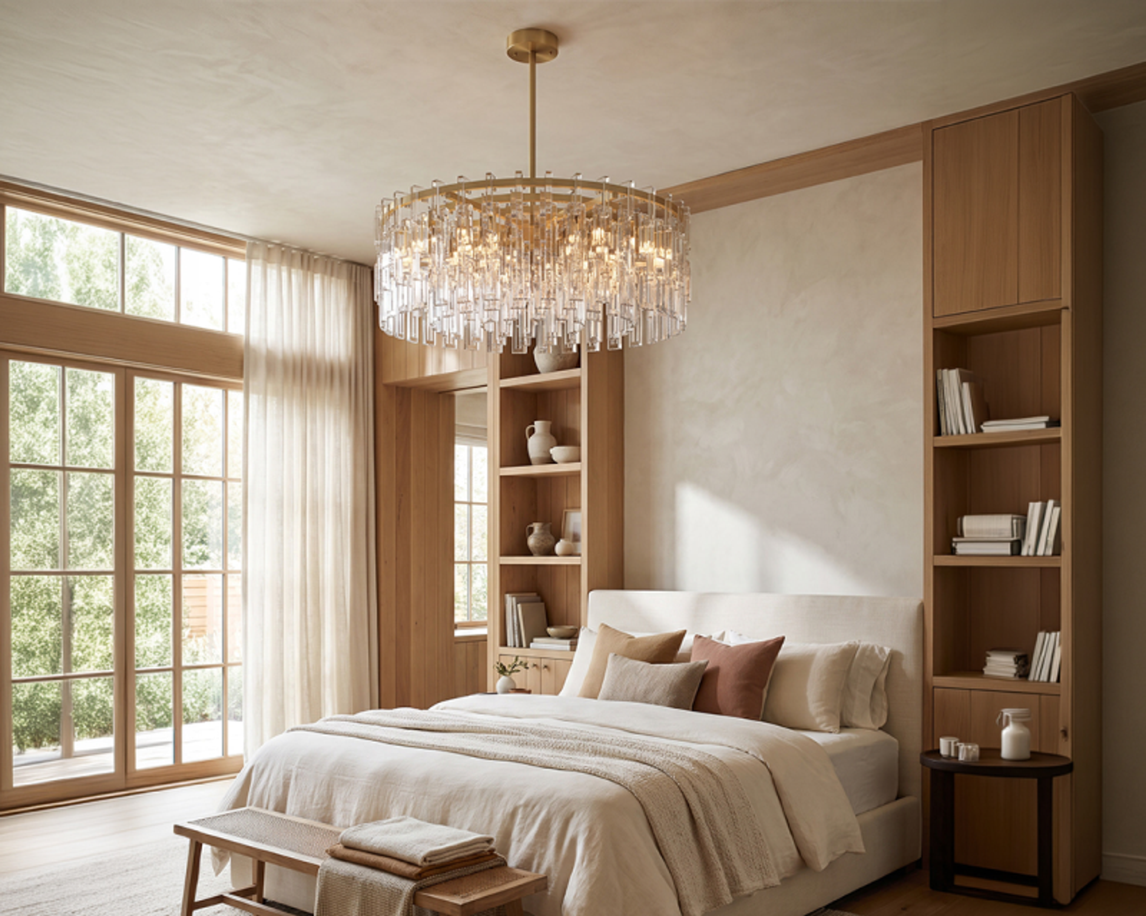 Ring chandelier, a brass band, over the foot of a bed