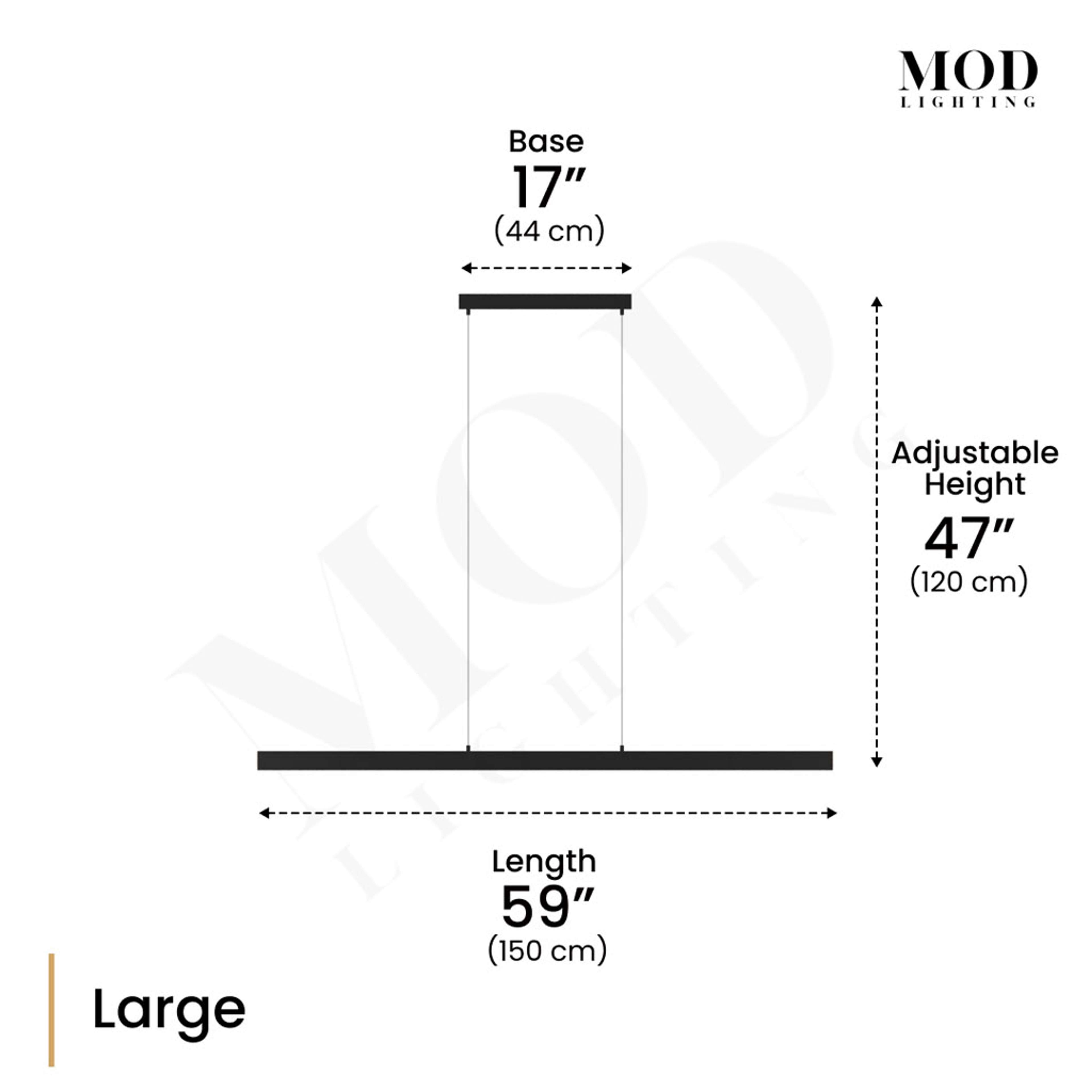 Luka linear bar pendant dimension diagram, large: 59in length, 17in base, 47in adjustable height