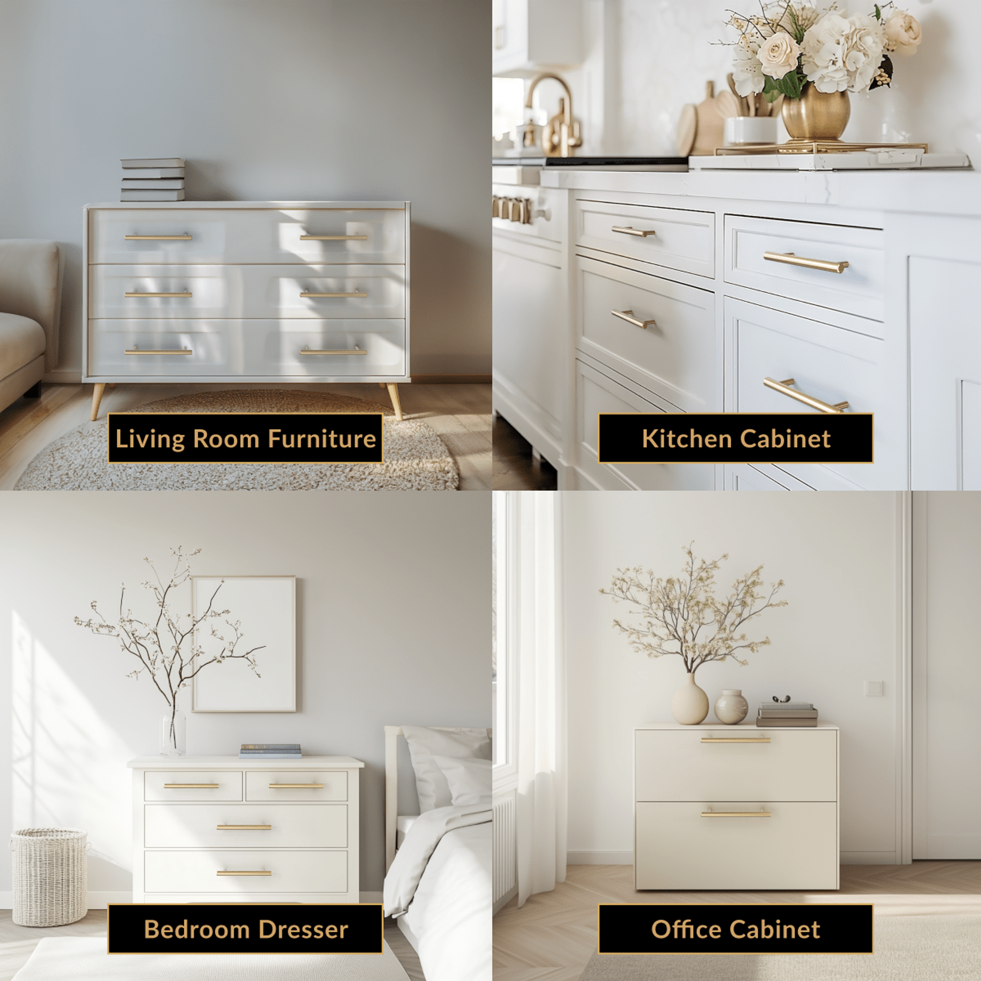 Alison brushed-gold cabinet pulls shown across four settings: living room, kitchen, bedroom, office