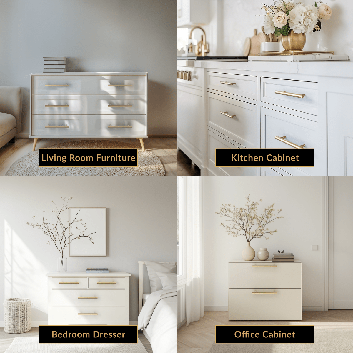 Alison brushed-gold cabinet pulls shown across four settings: living room, kitchen, bedroom, office